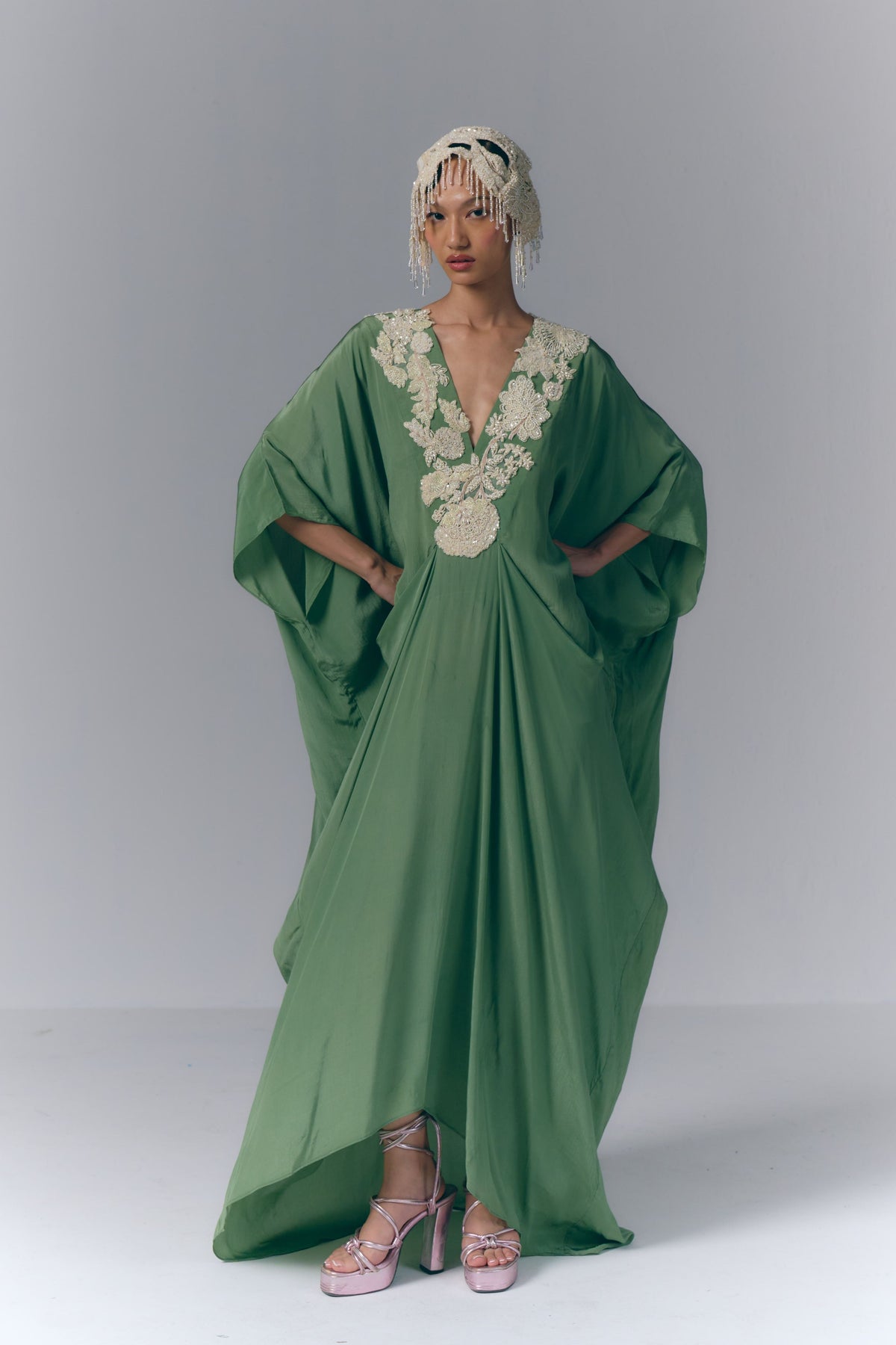 Green Embroidered Draped Kaftan