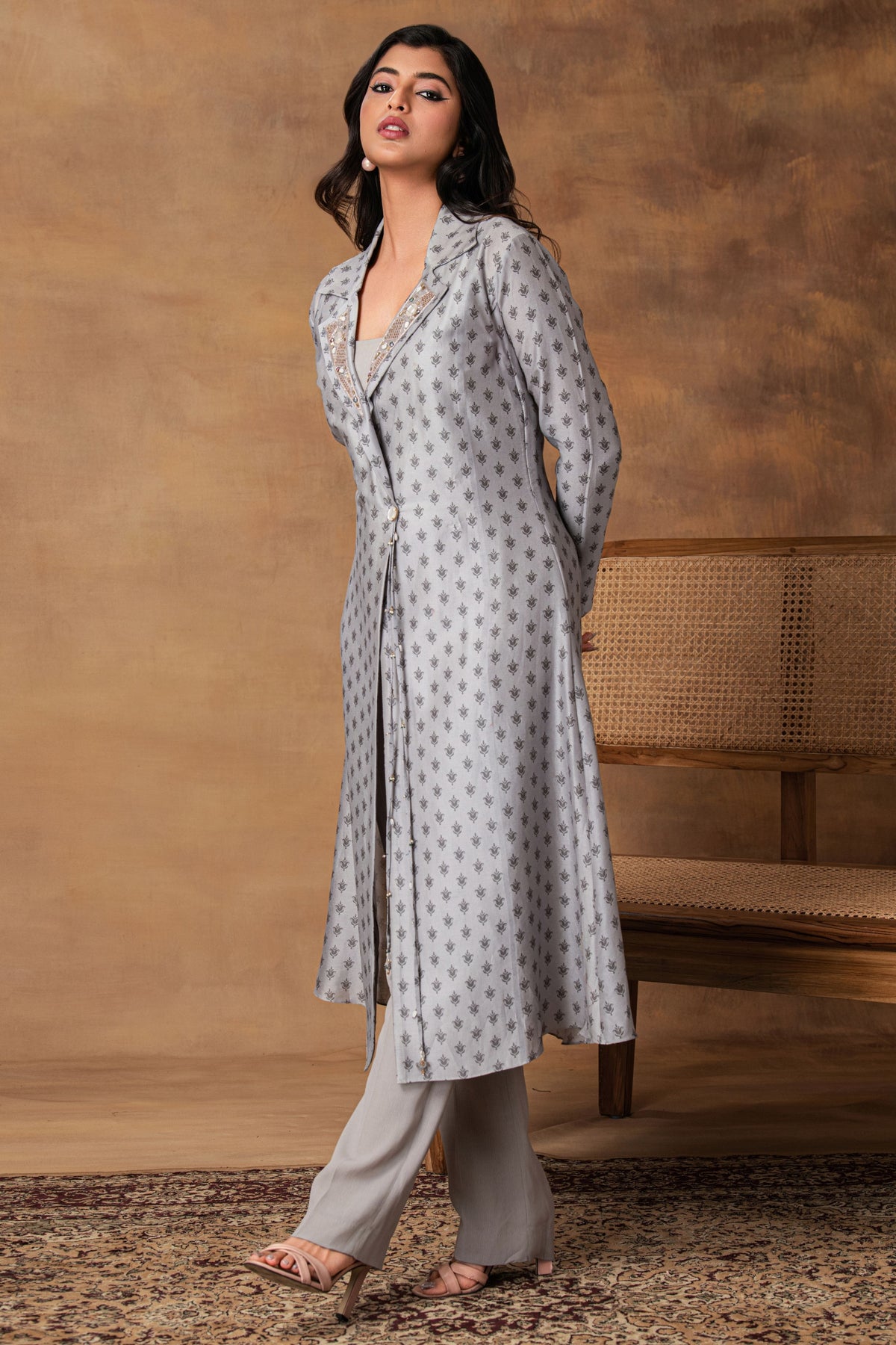 Steel Grey Printed Jacket Set
