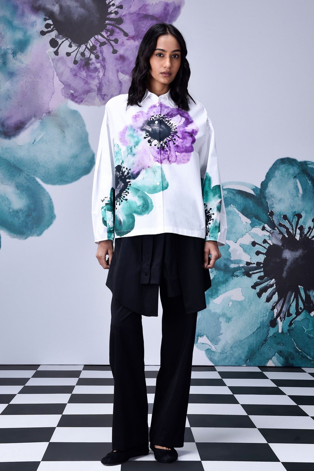 Anemone Flower Shirt White Green