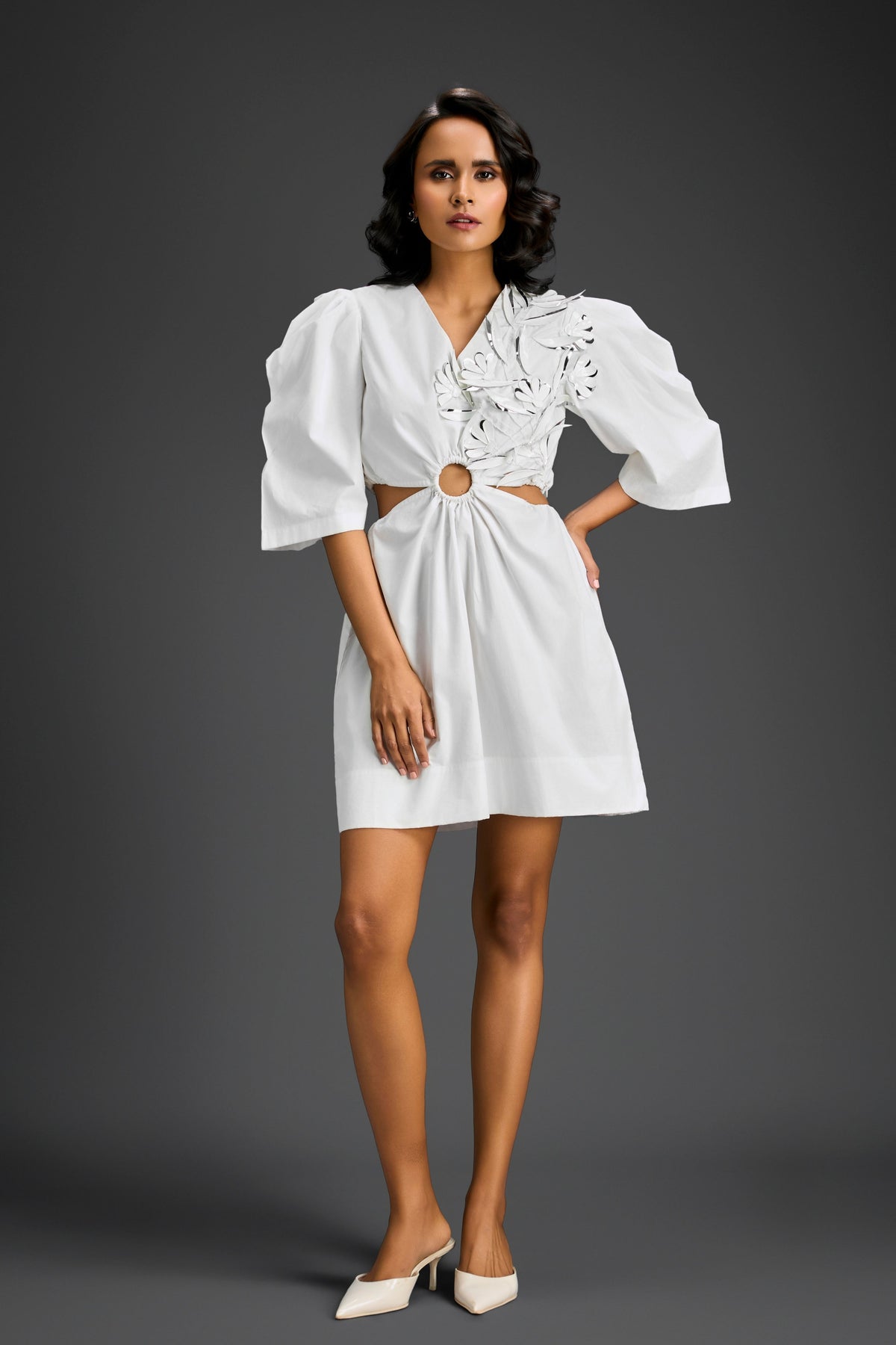 White Embellishment V-neck Dress
