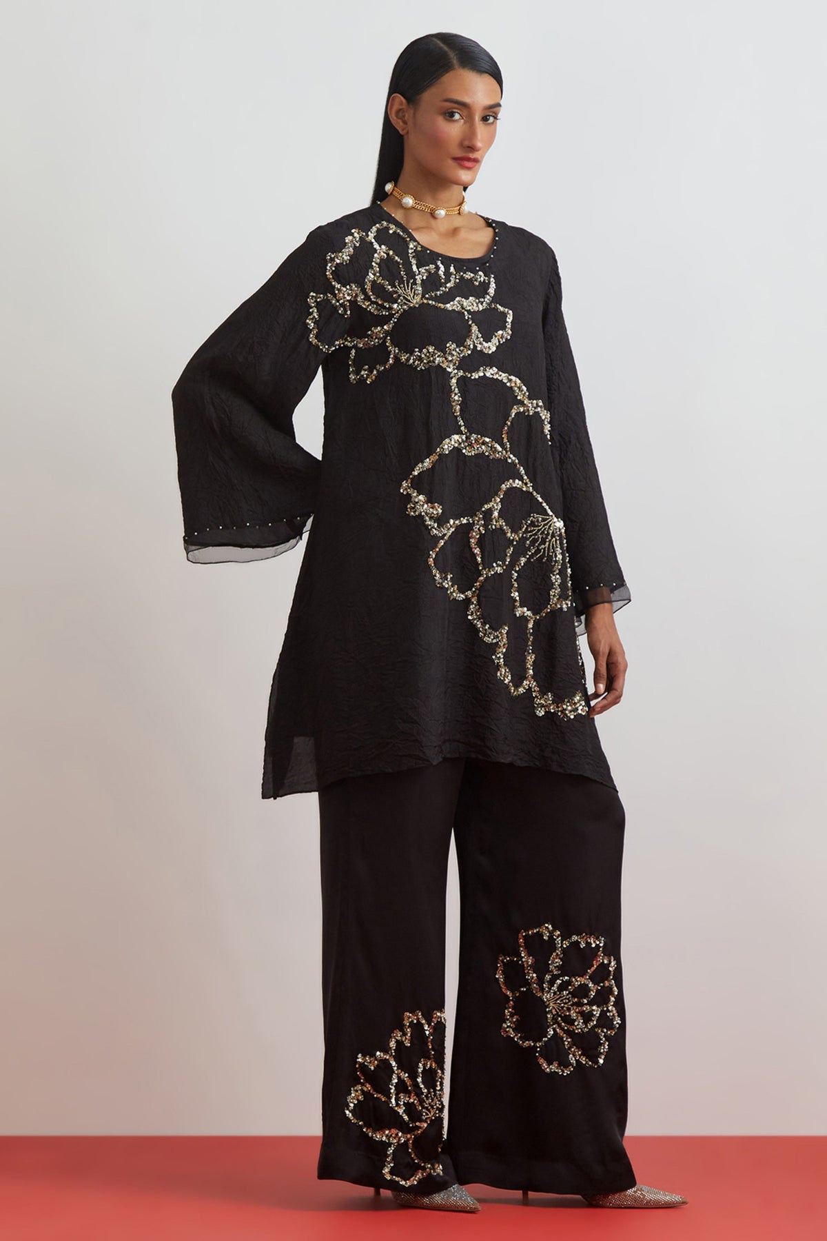 Black Crushed Tunic Set