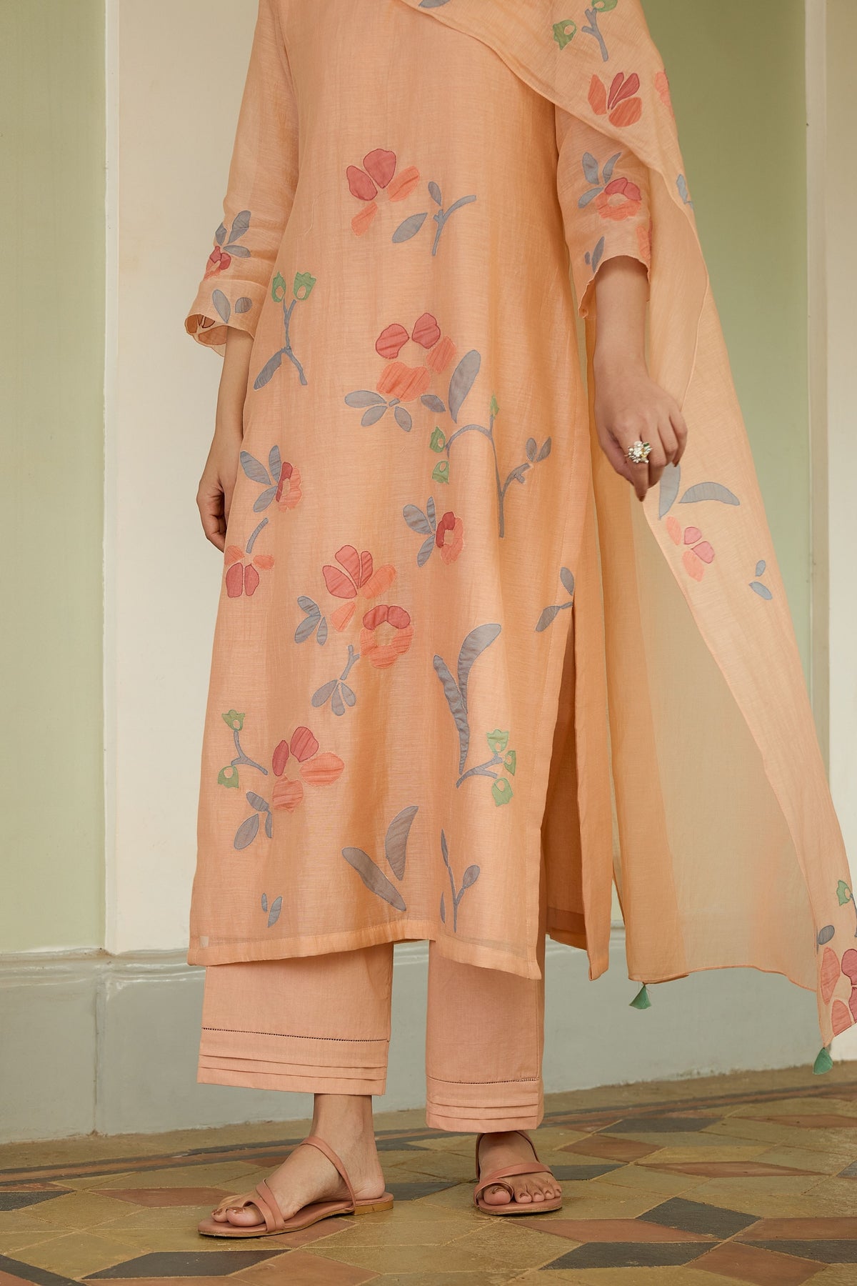 Peach Applique Floral Kurta Set
