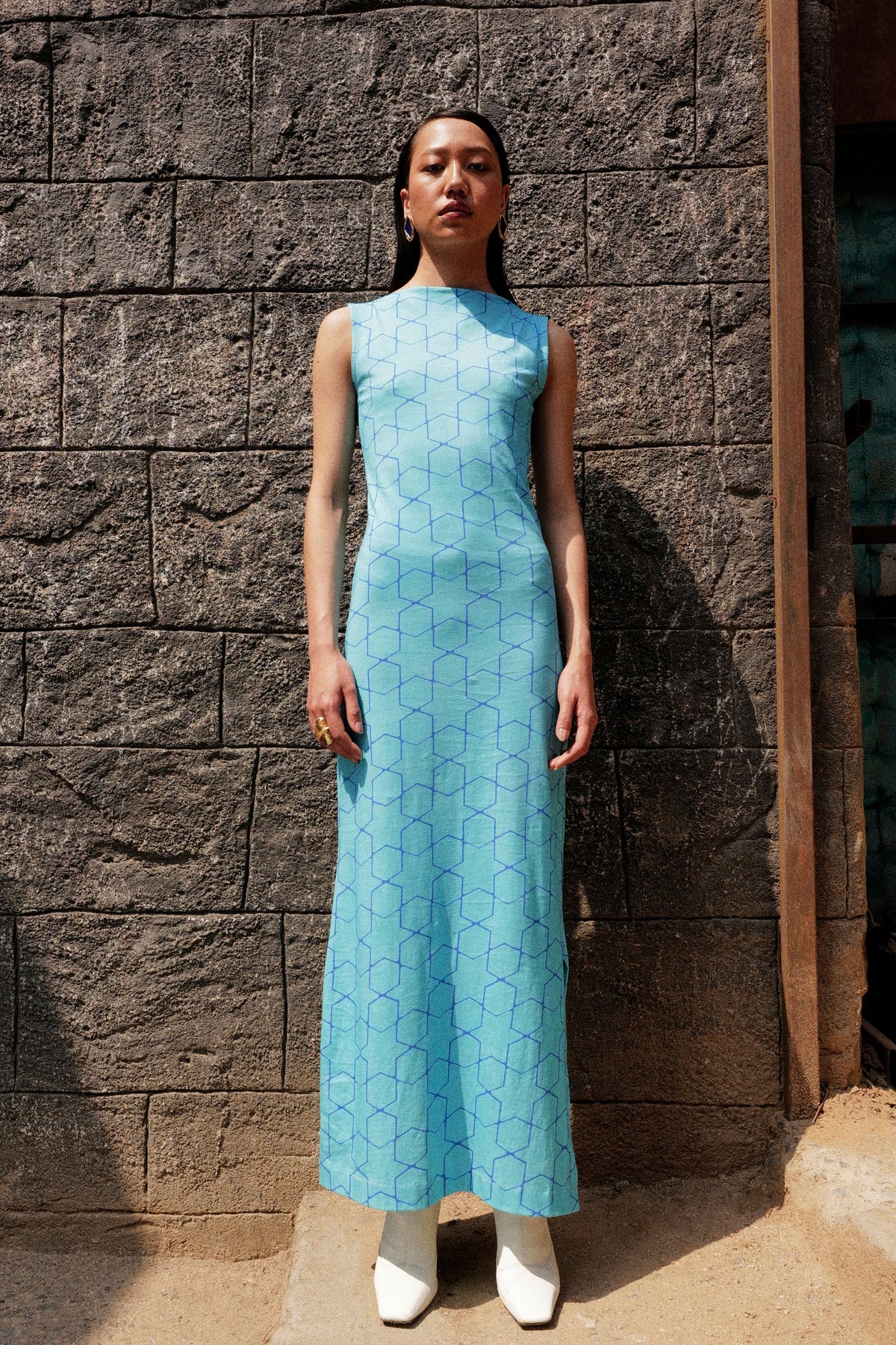 Jersey Long Dress in Blue Mesh