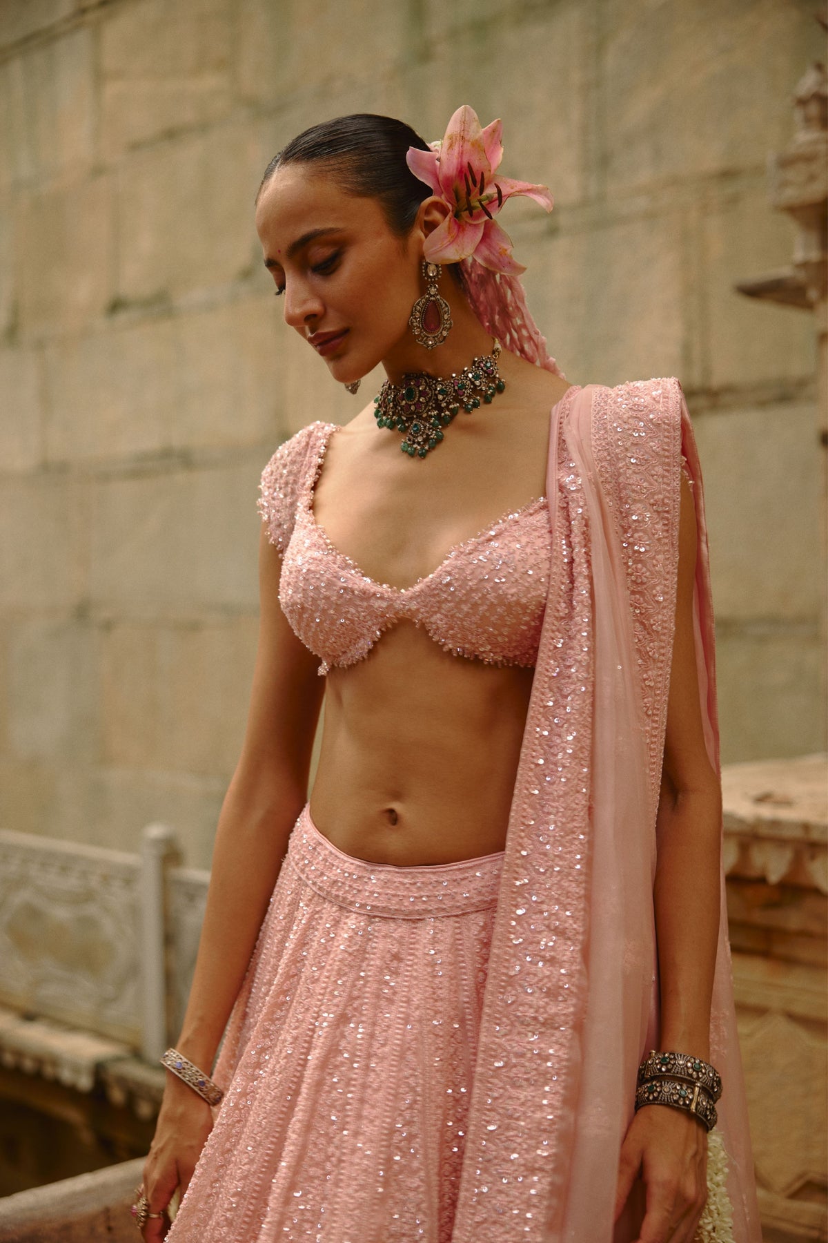 Pink Net Lehenga Set