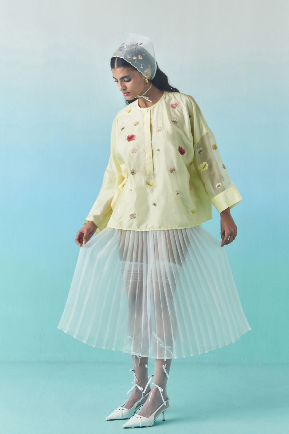 Off White Organza Accordion Skirt