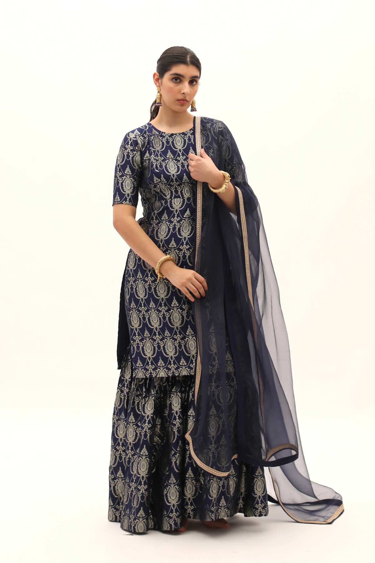 Navy Blue Brocade Kurta Sharara set