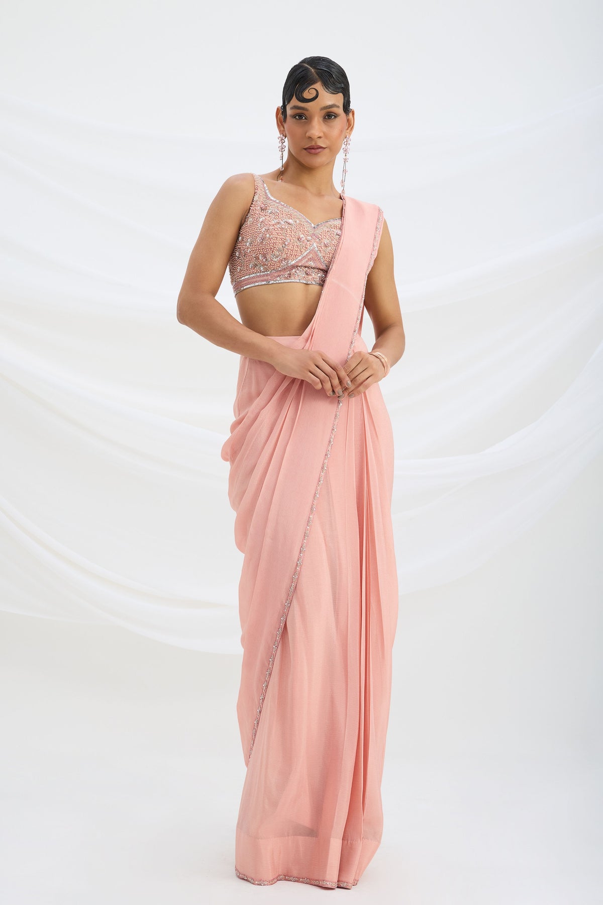 Peach Pink Drape Saree Set