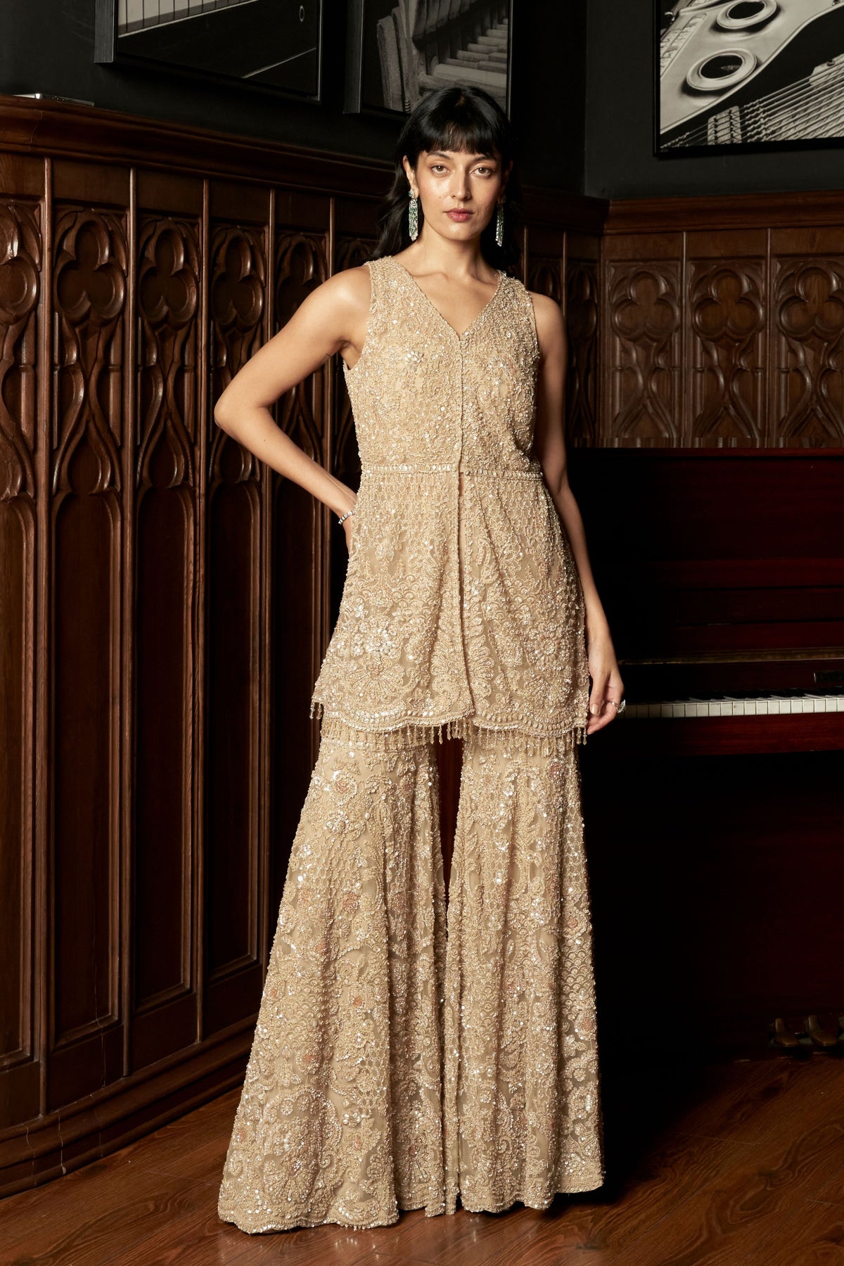 Beige Embroidery Sharara Set