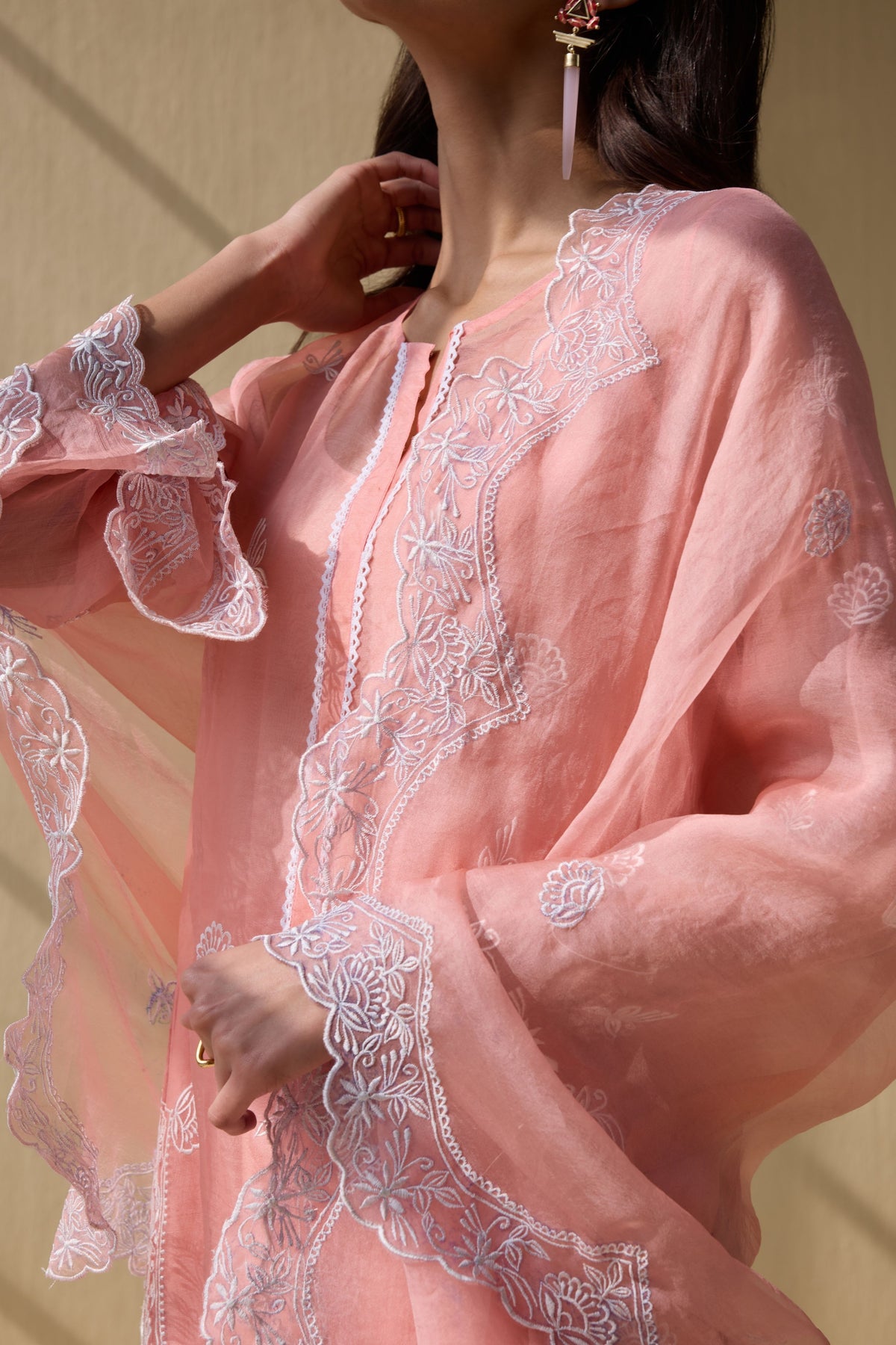 Summer pink Embroidered Organza Suit