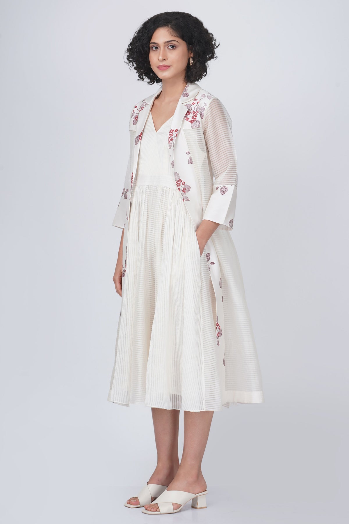 Ivory Block Print Jacket With Dress