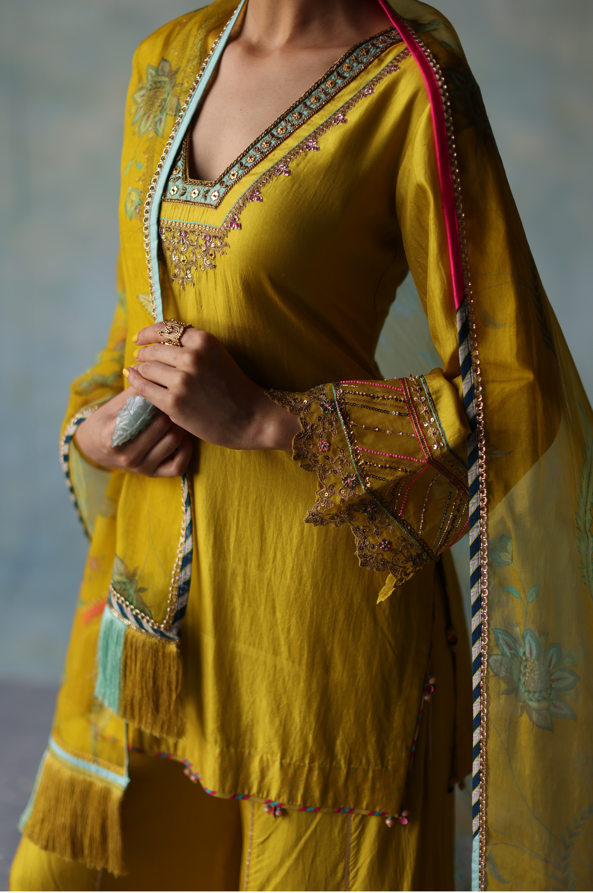 Gul Lime Yellow Silk Sharara Set  