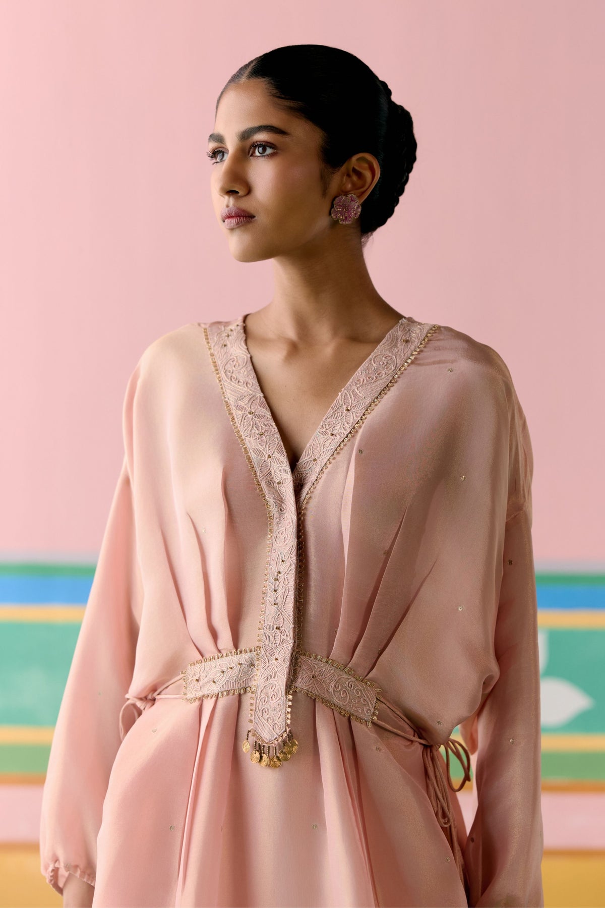 Peach Embroidered Long Kaftan Set