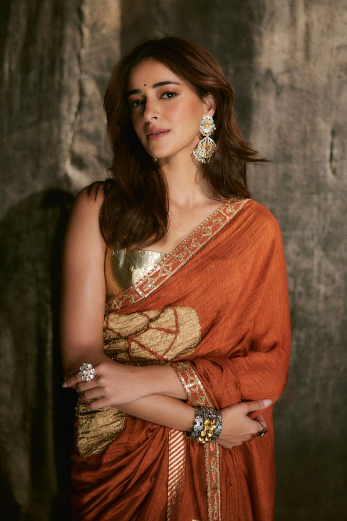 Ananya Panday in Rust Windrose Crushed Saree