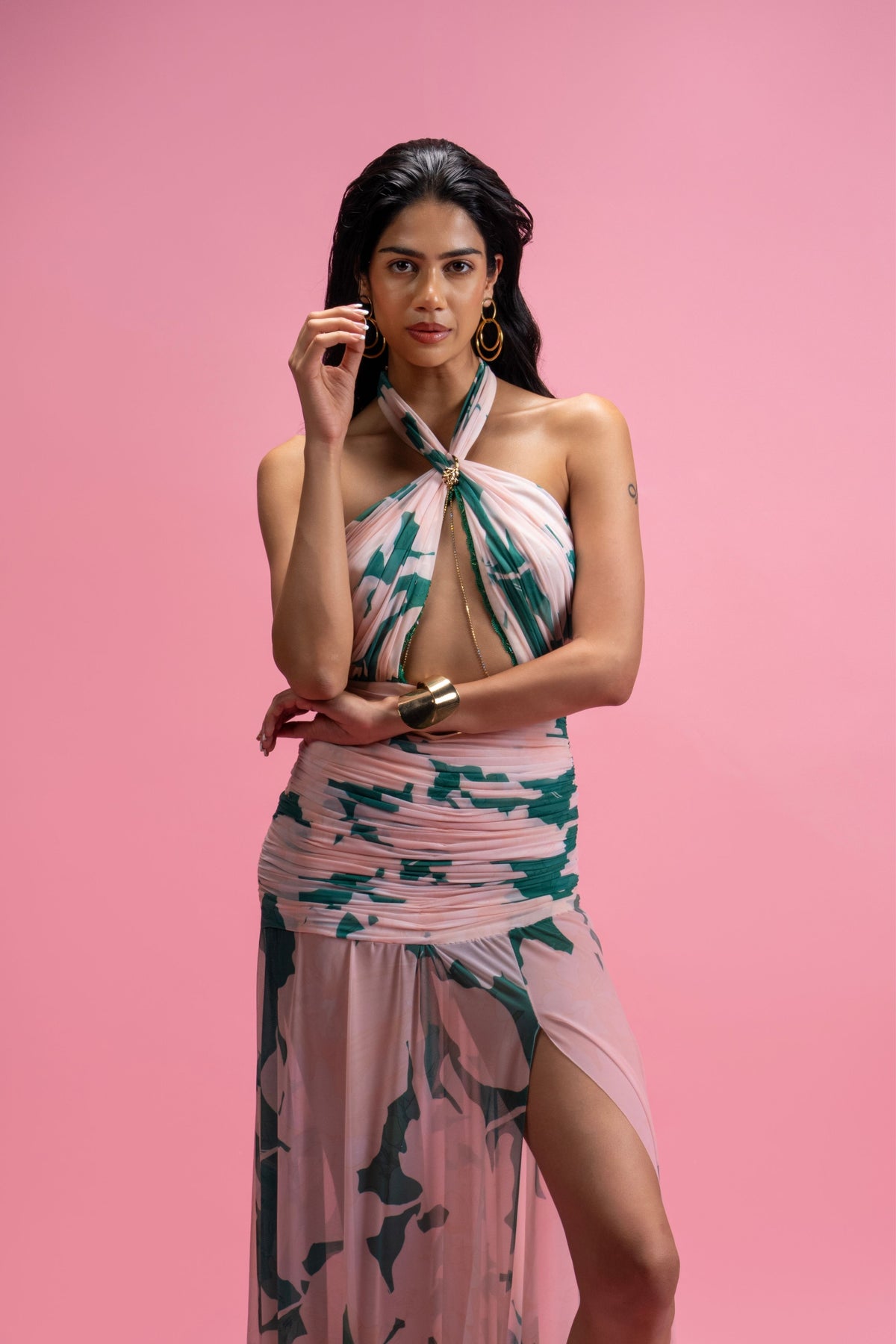 Green Halter Neck Draped Dress