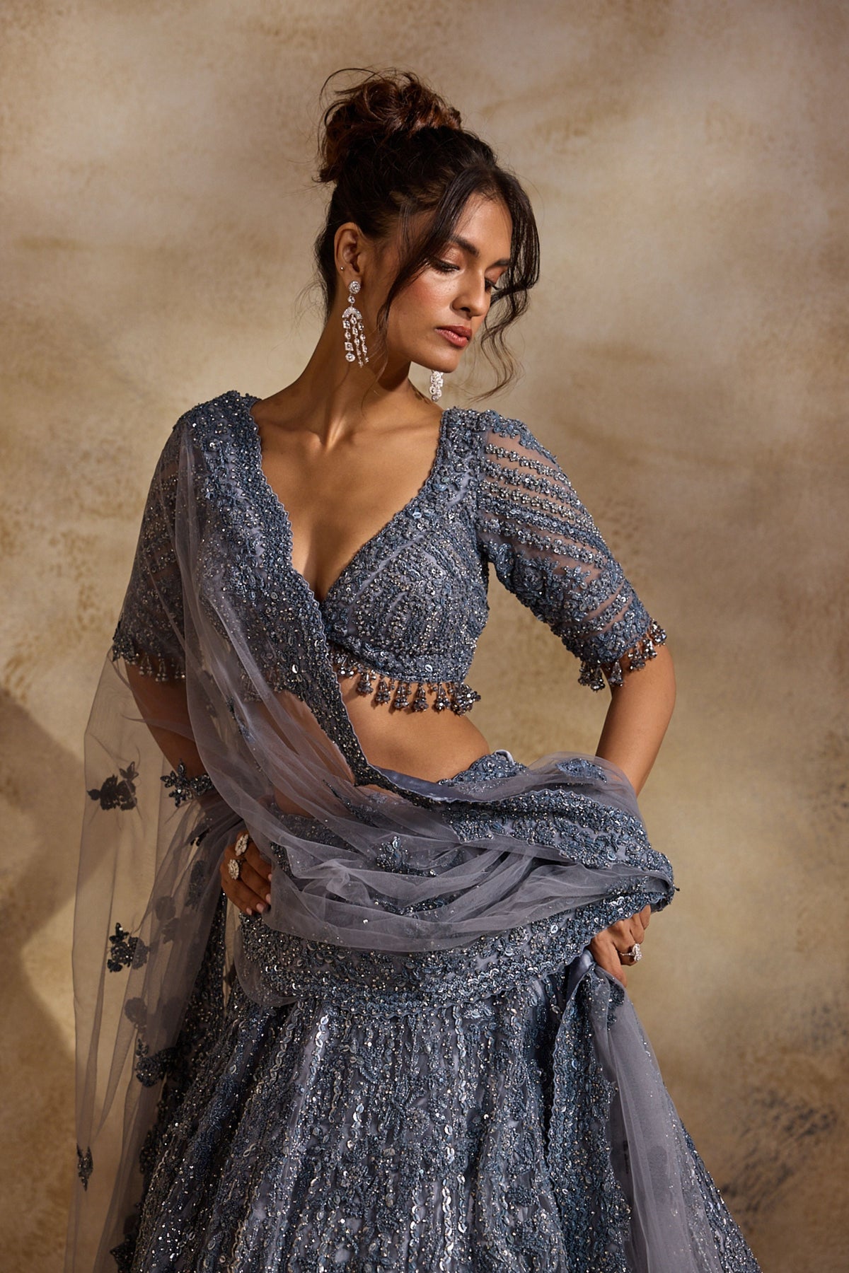 Stone Grey Net Lehenga Set