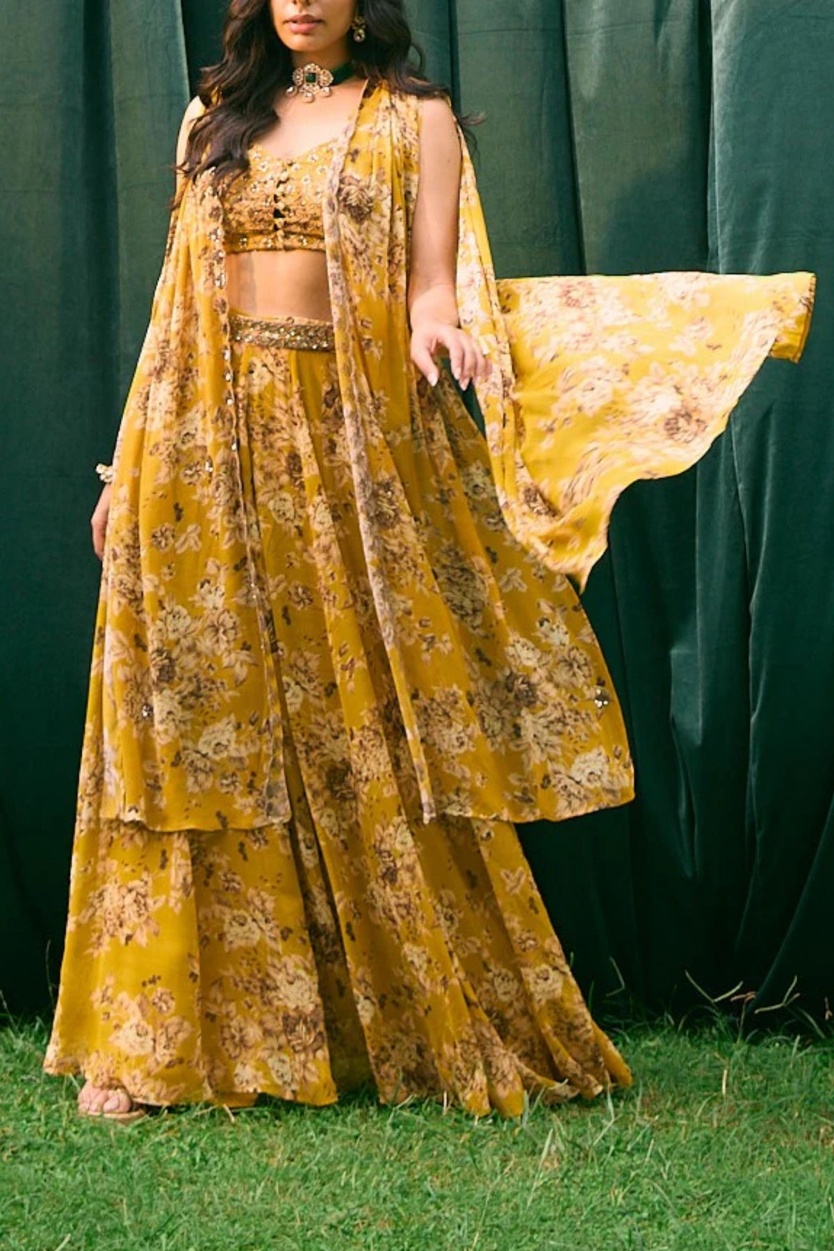 Mustard Floral Cape Set