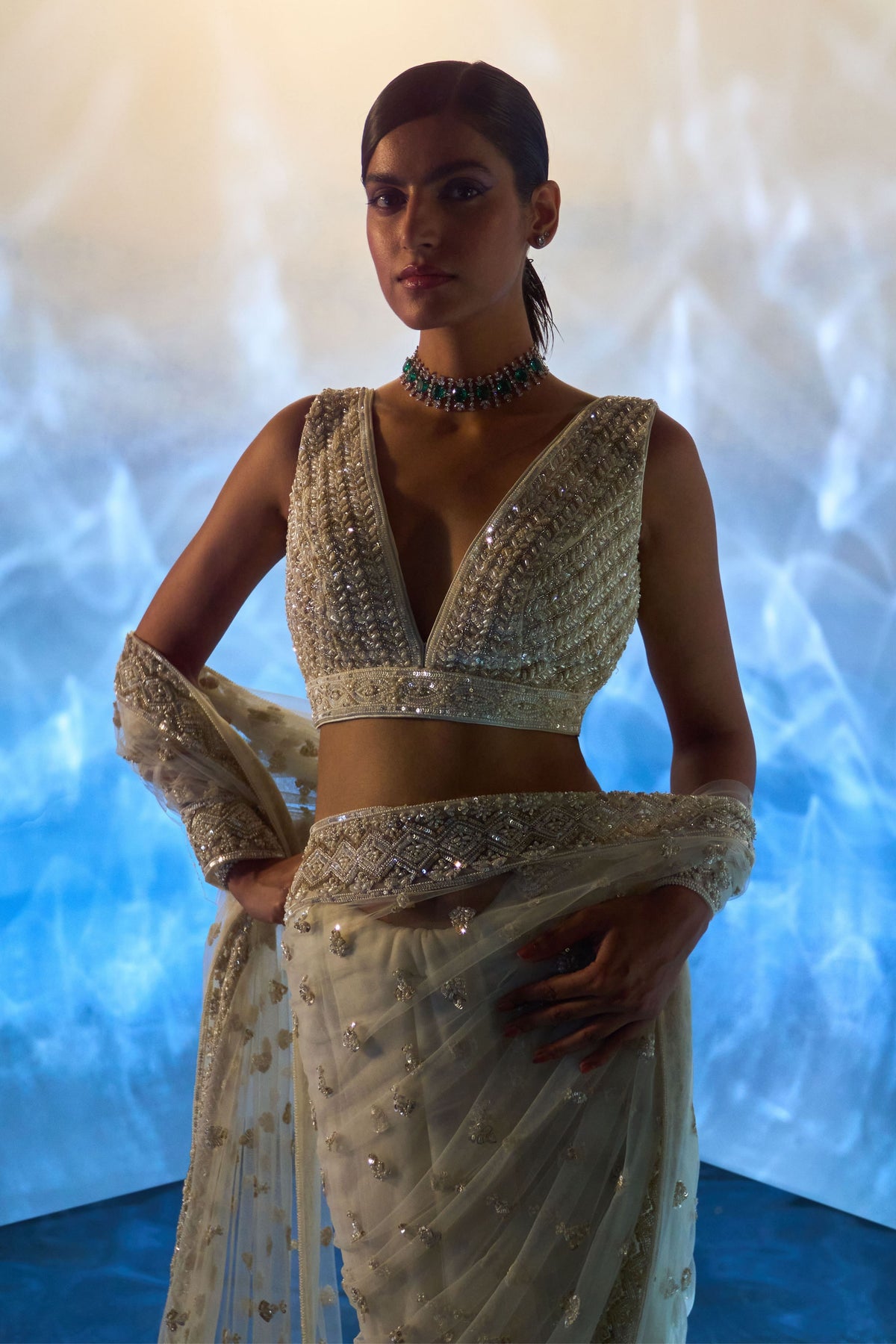 Ivory Embroidered Saree Set