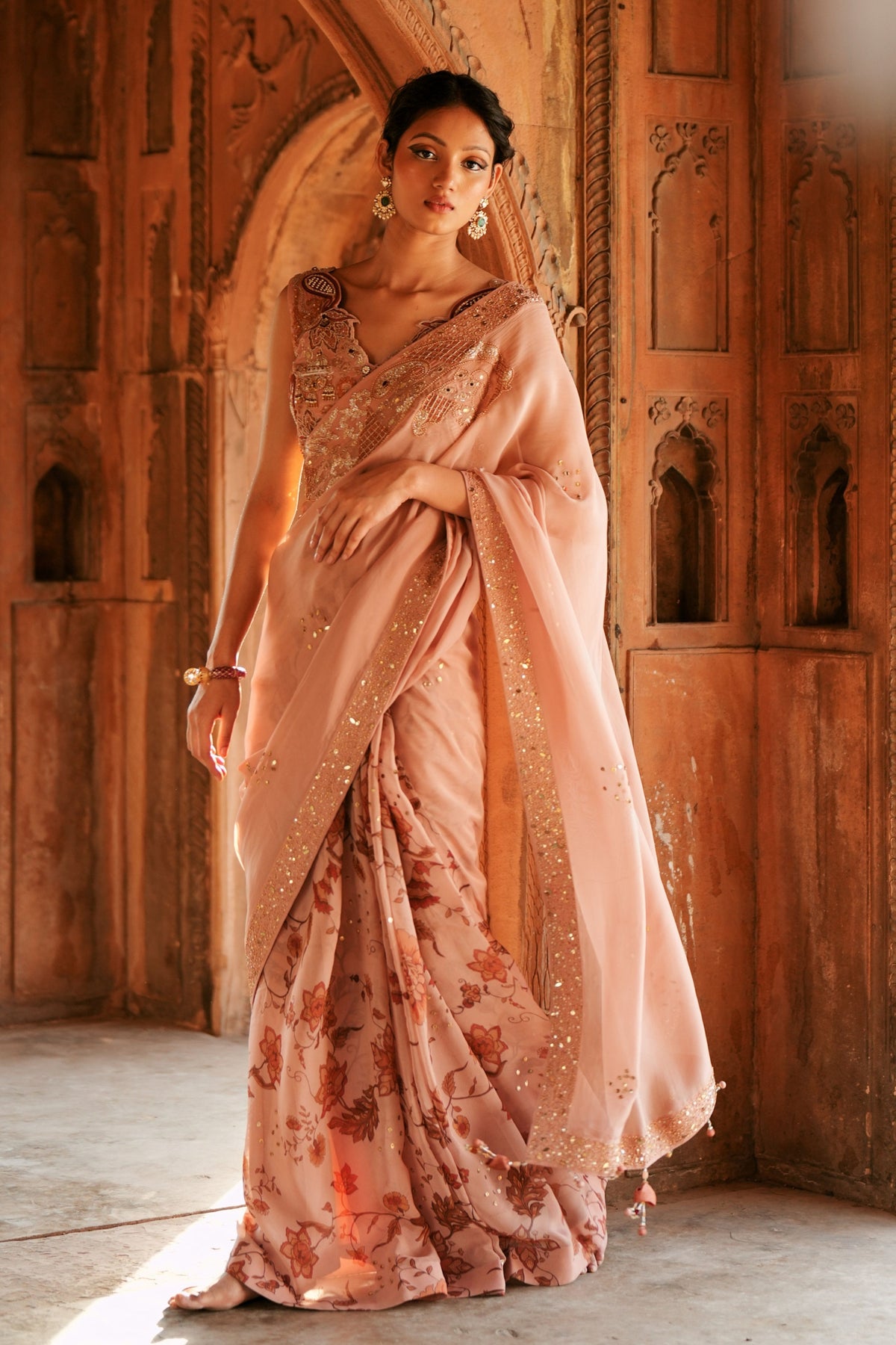 Powder Pink Organza Saree Set