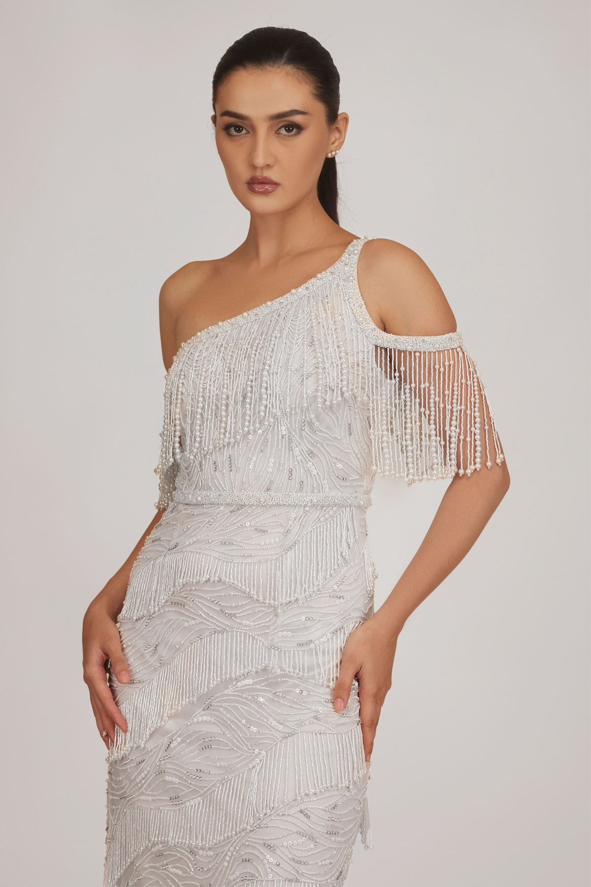 One Shoulder Fringe Midi Dress With Belt