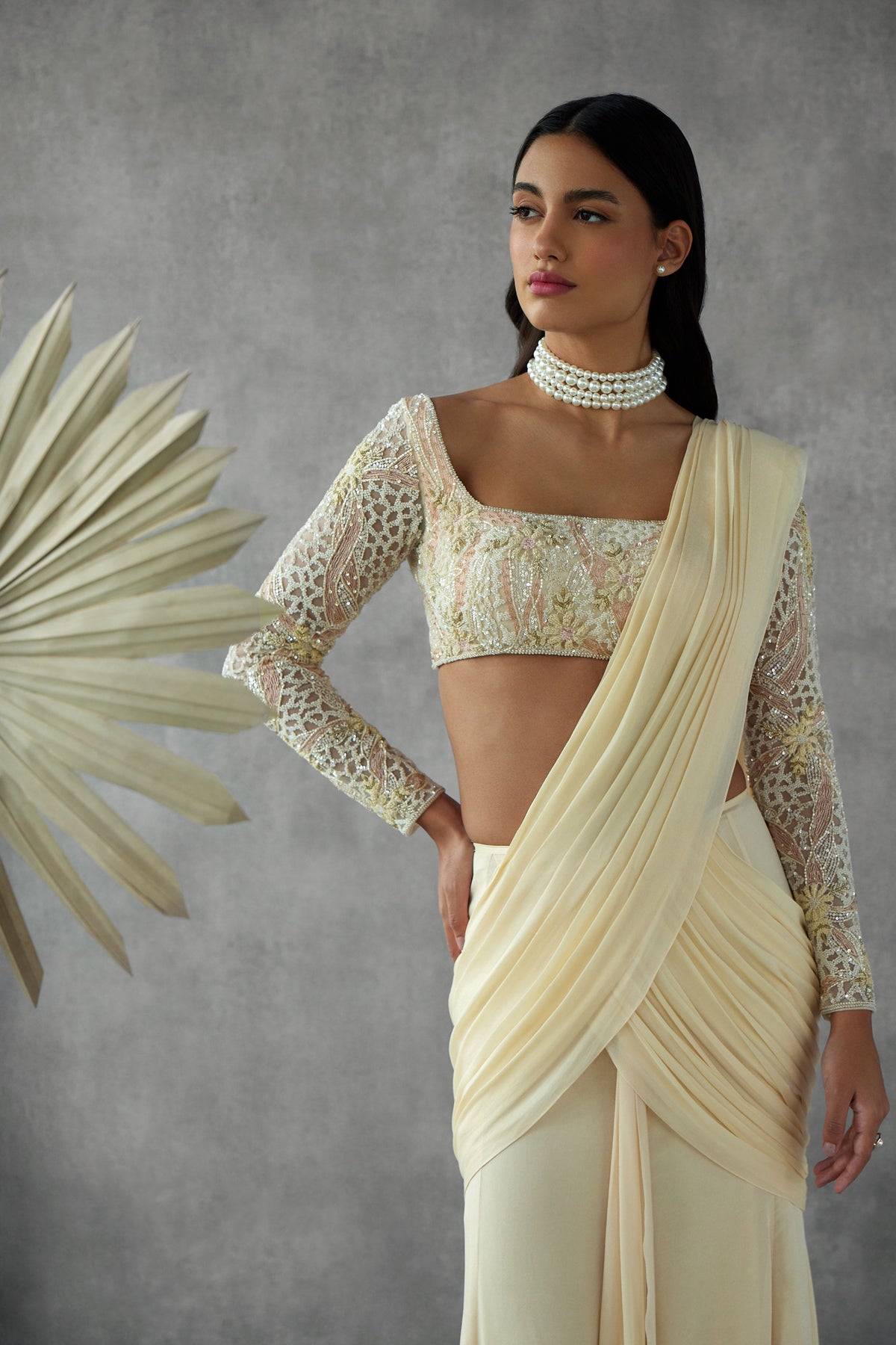 Cream Drape Sare With Blouse