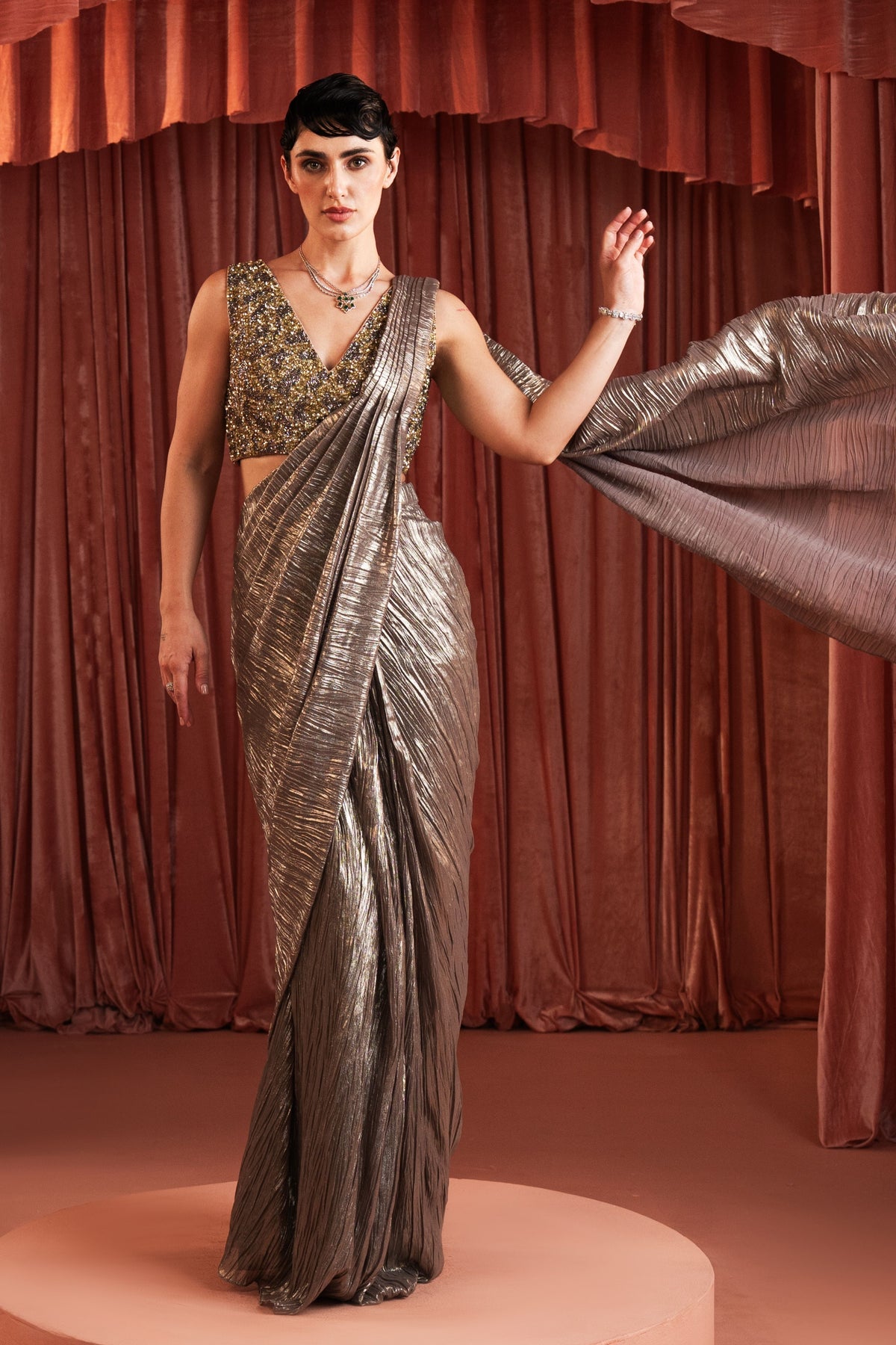 Silver Beaded Draped Saree Set