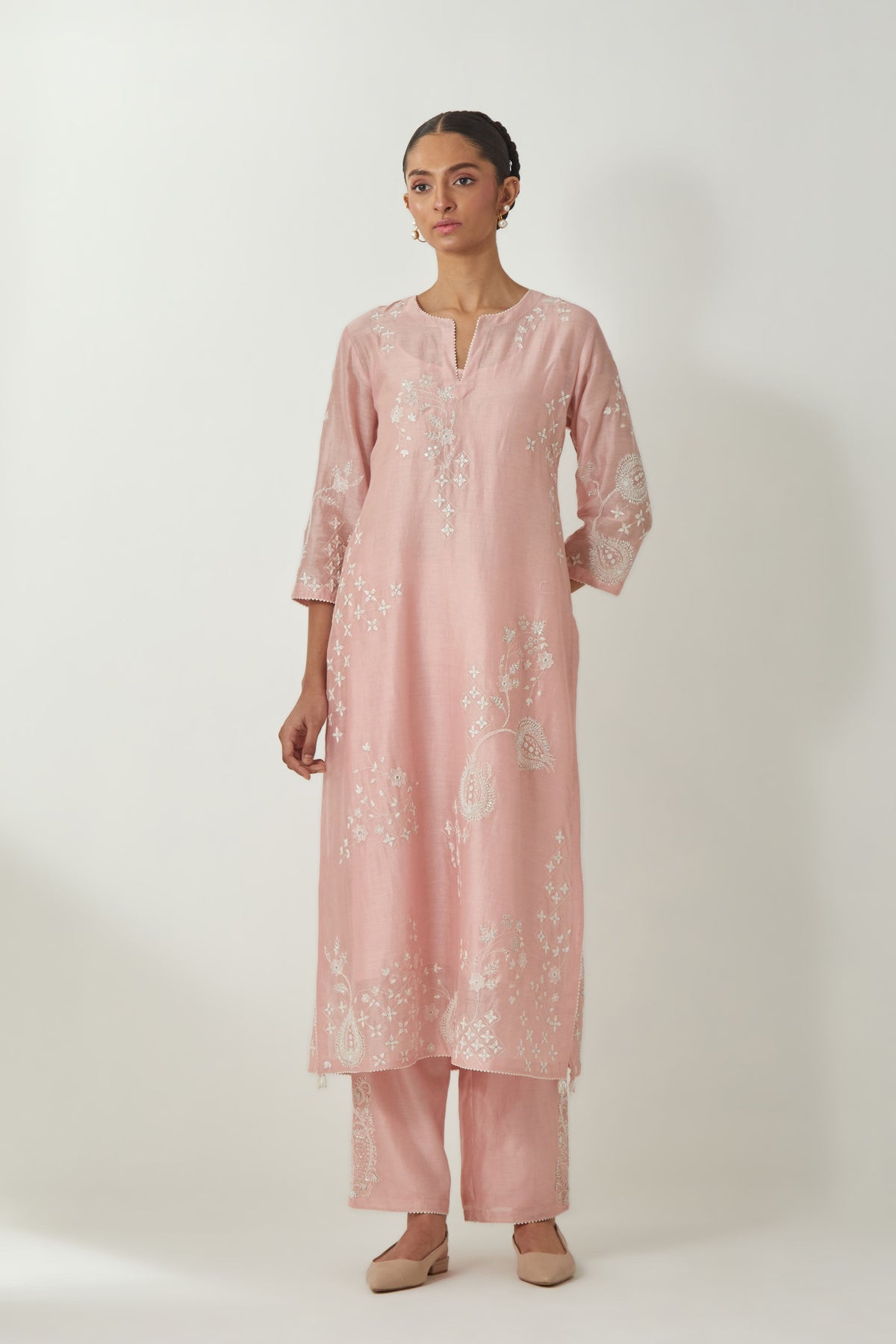 Pink Thread Embroidered Kurta Set