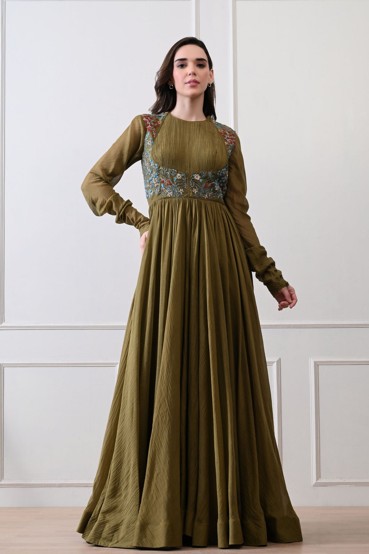 Olive Pintuck Bodice Embroidered Anarkali
