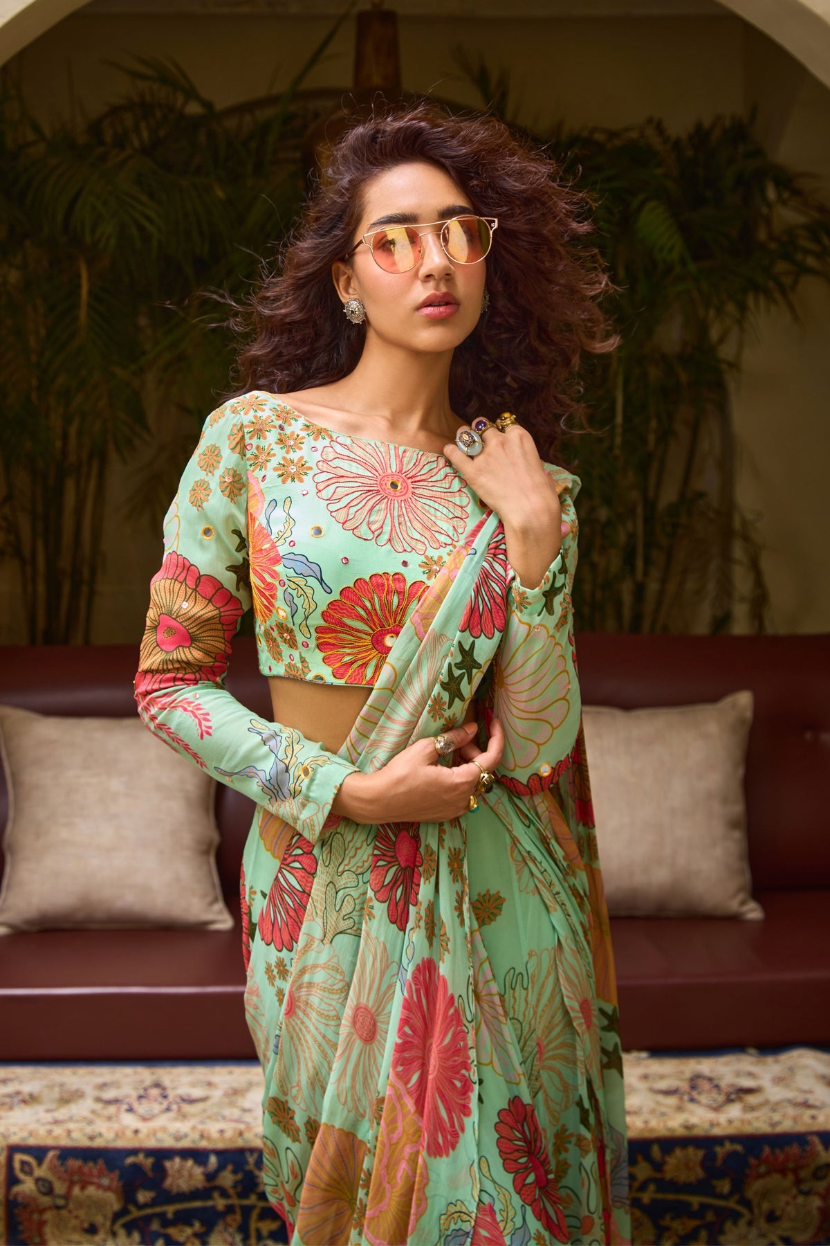 Green Floral Skirt Saree Set