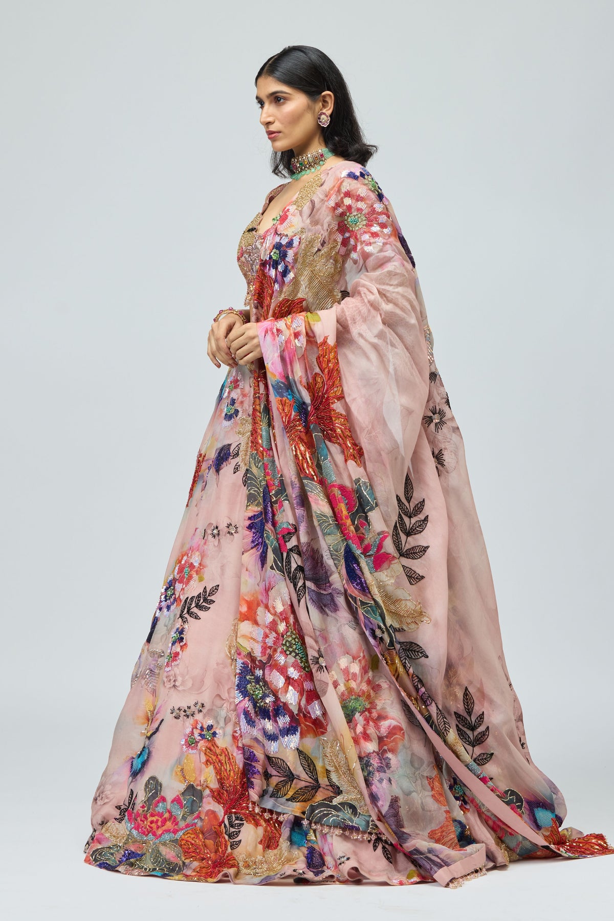 Organza Multicoloured Lehenga Set