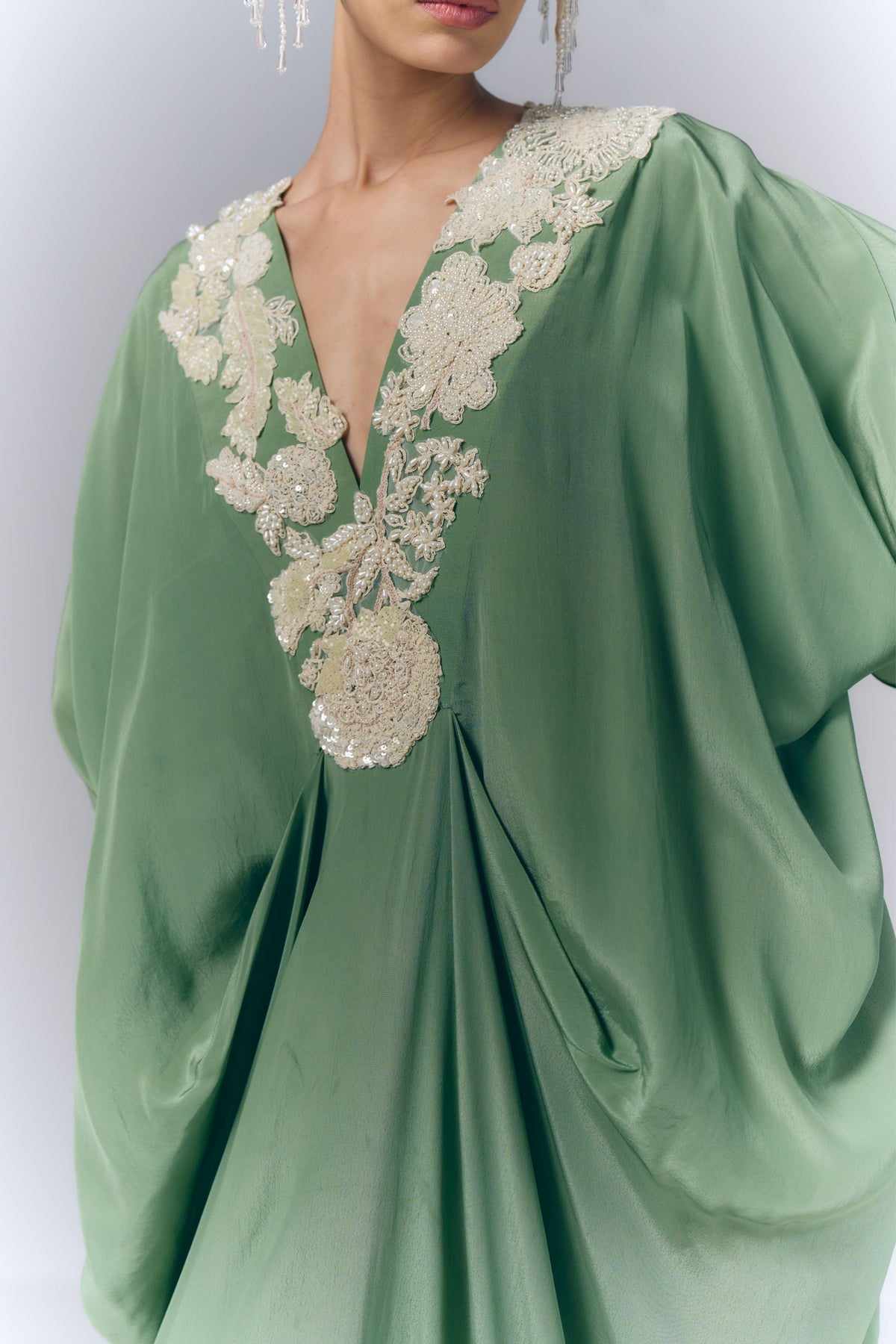 Green Embroidered Draped Kaftan