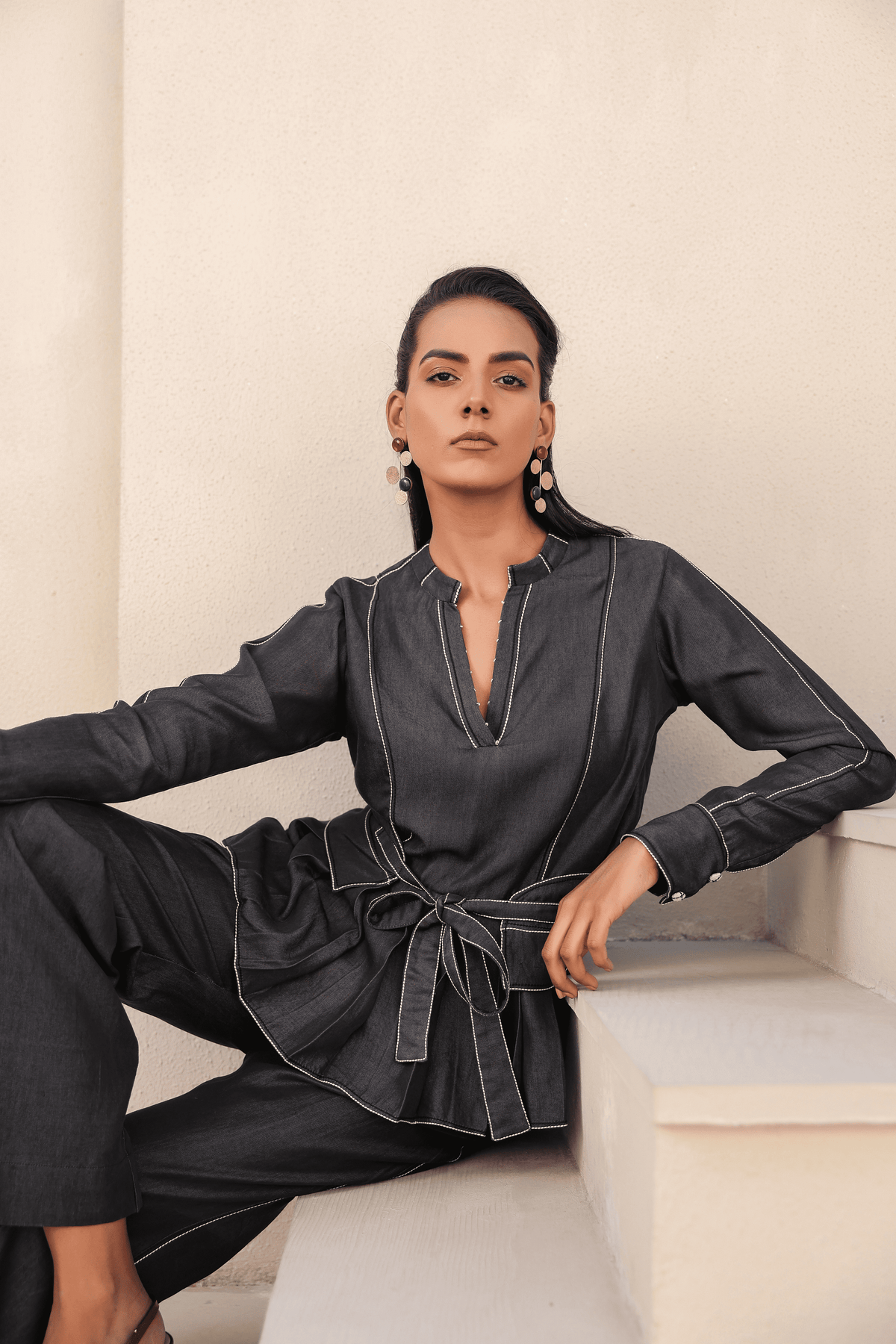 Azure Pleated Peplum Co-ord Set in Black