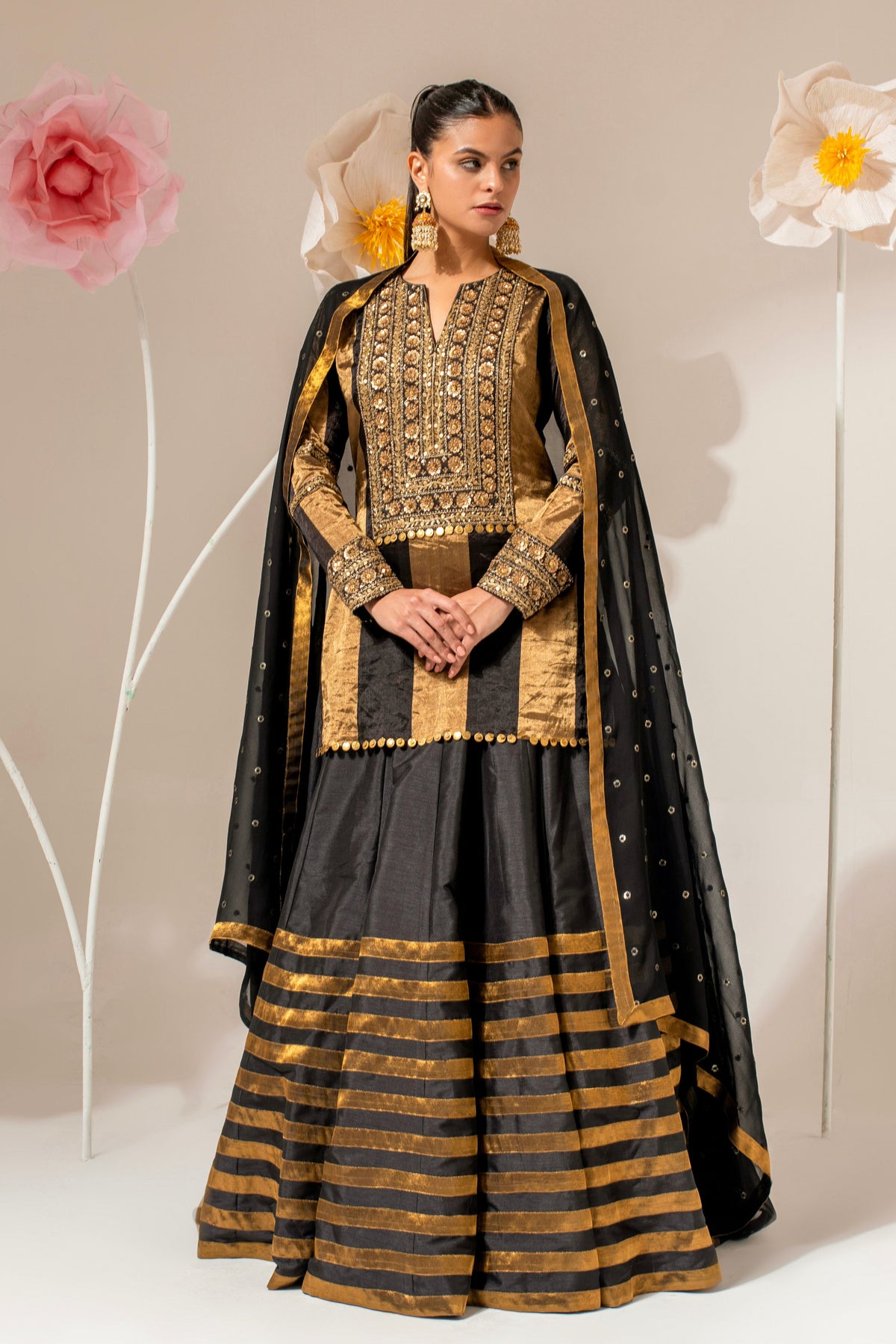 Black Embroidered Kurta Lehenga Set