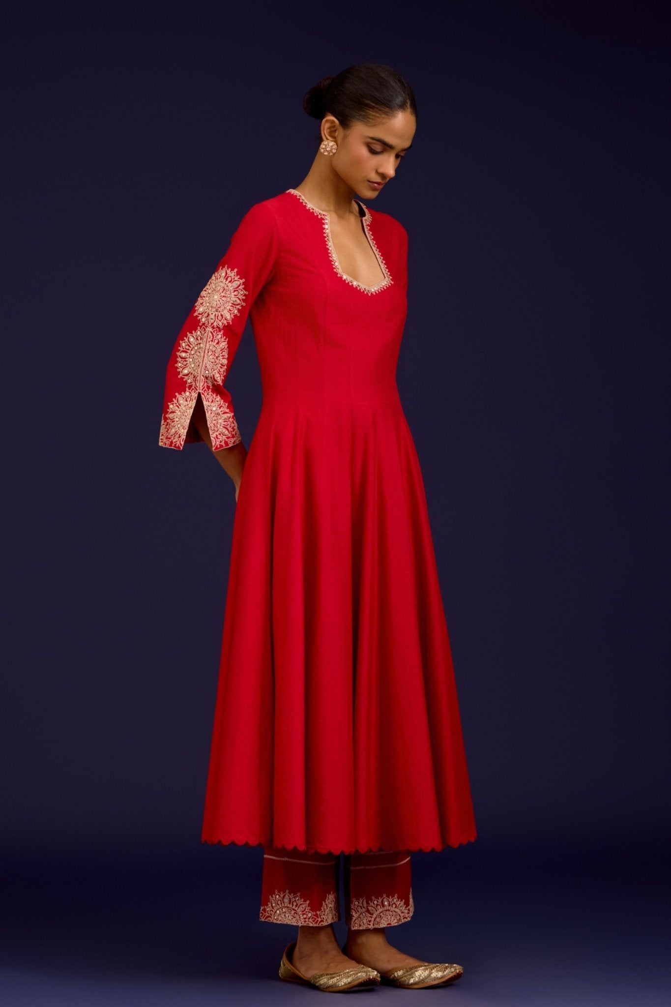 Red Cotton Silk Anarkali Set - Devnaagri - Elahe