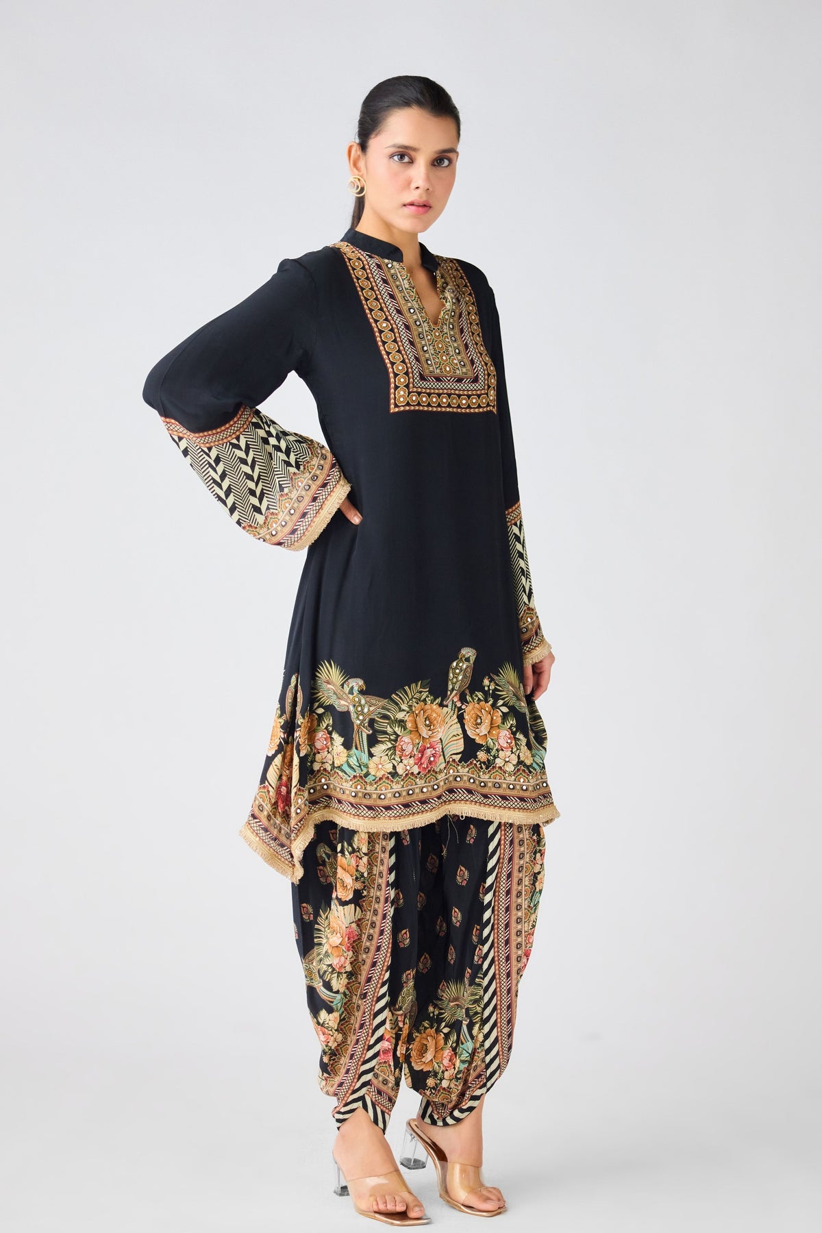 Black Crepe Floral Tunic Set
