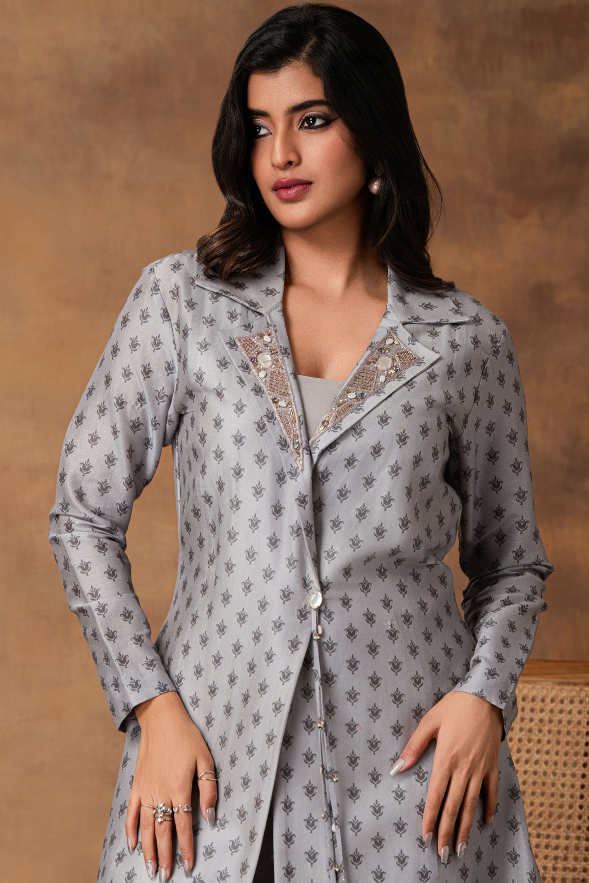 Steel Grey Printed Jacket Set