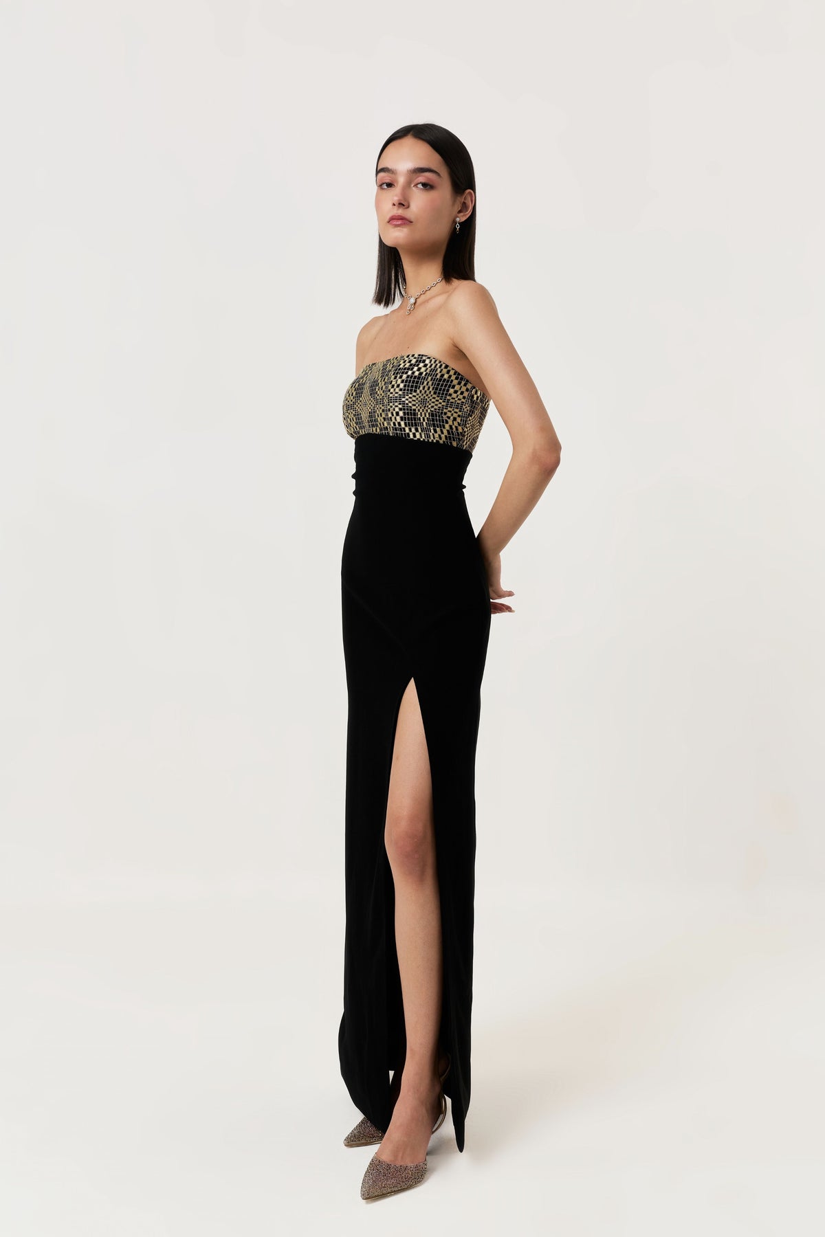 Geometric Dabka Strapless Dress
