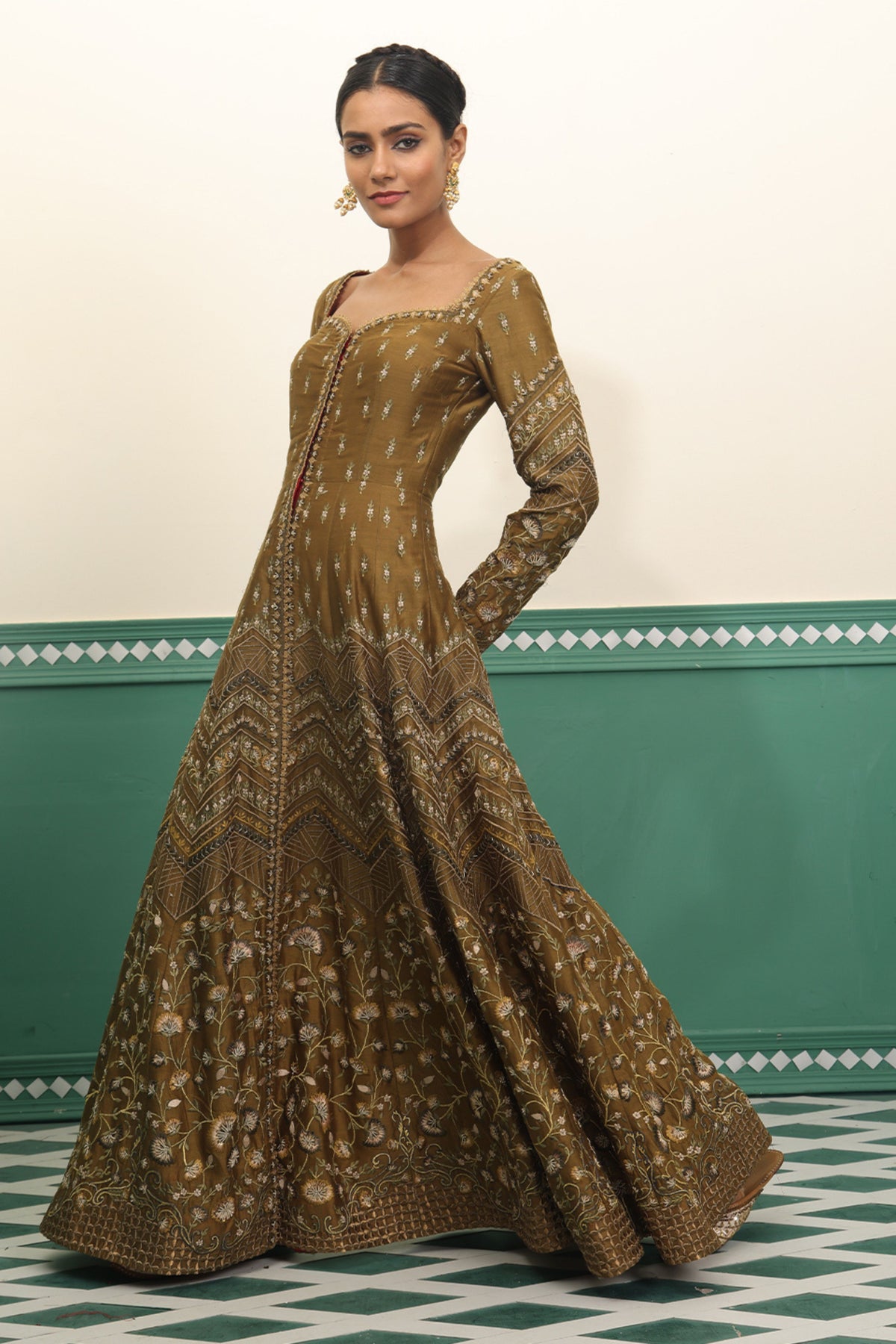 Olive Embroidered Anarkali