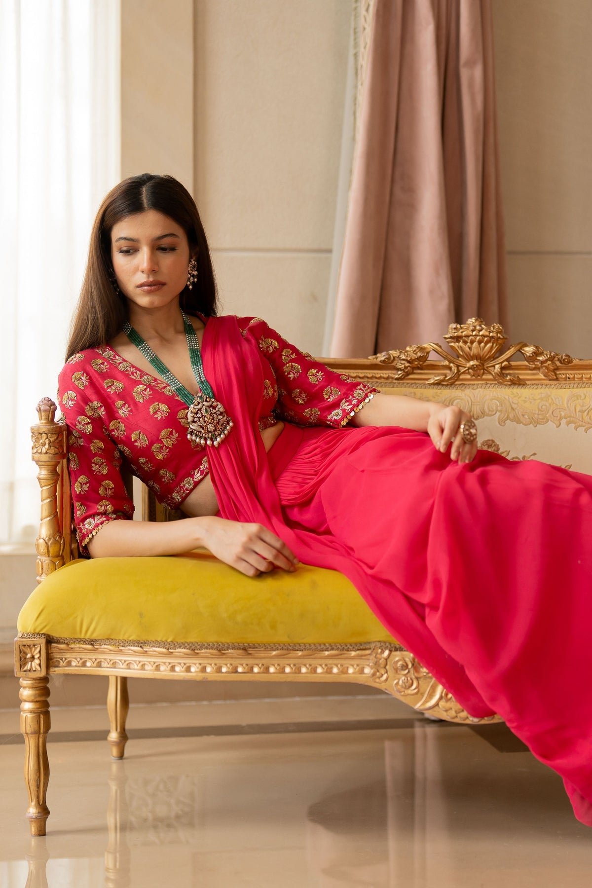 Rani Pink Antique Embroidered Sari Set