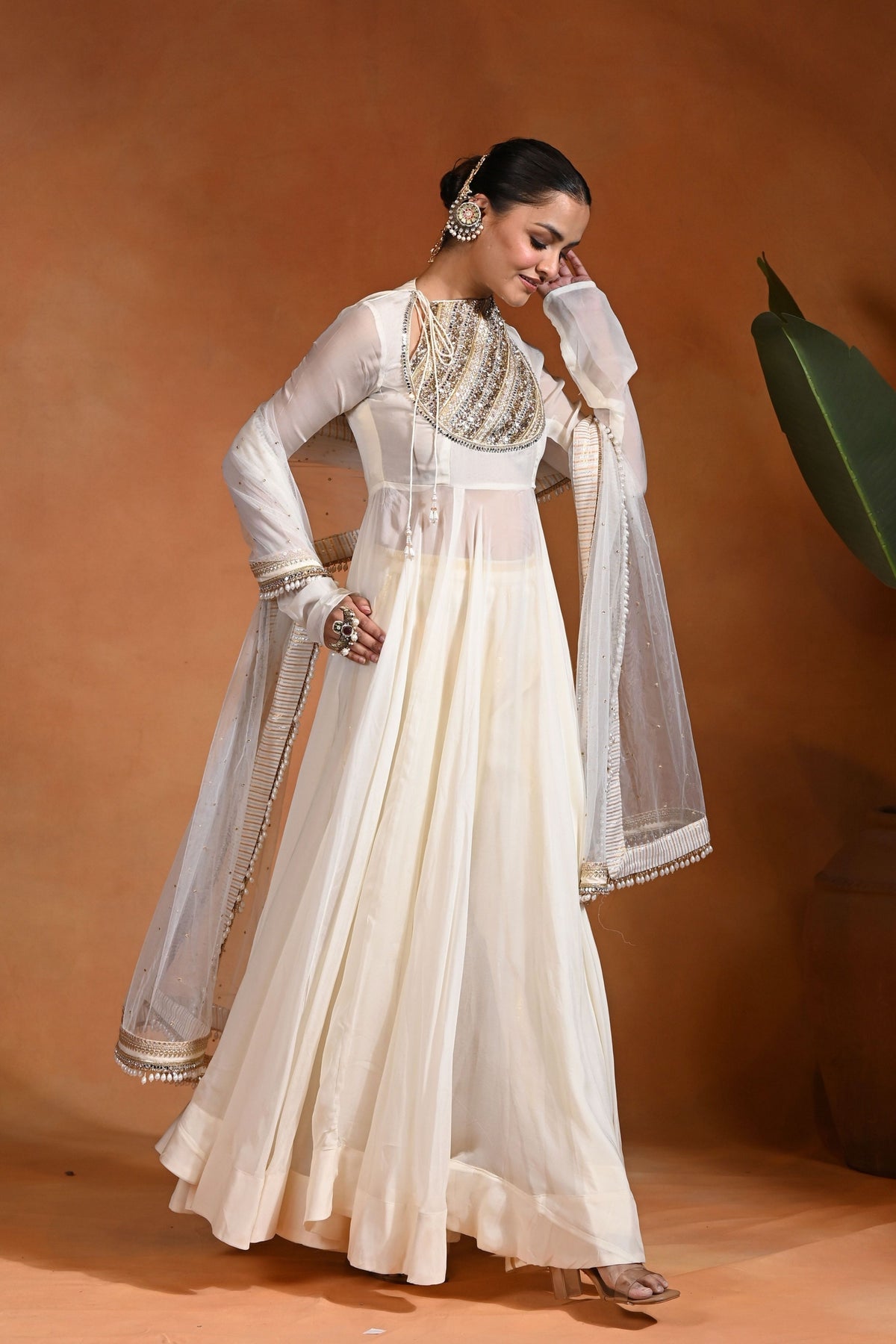 Aabroo Anarkali Ivory Gold Set