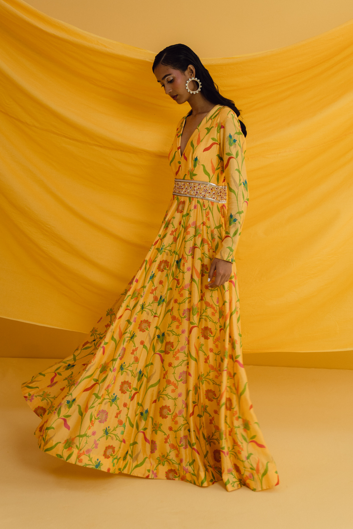 Yellow Mix Print Shawl Collared Maxi