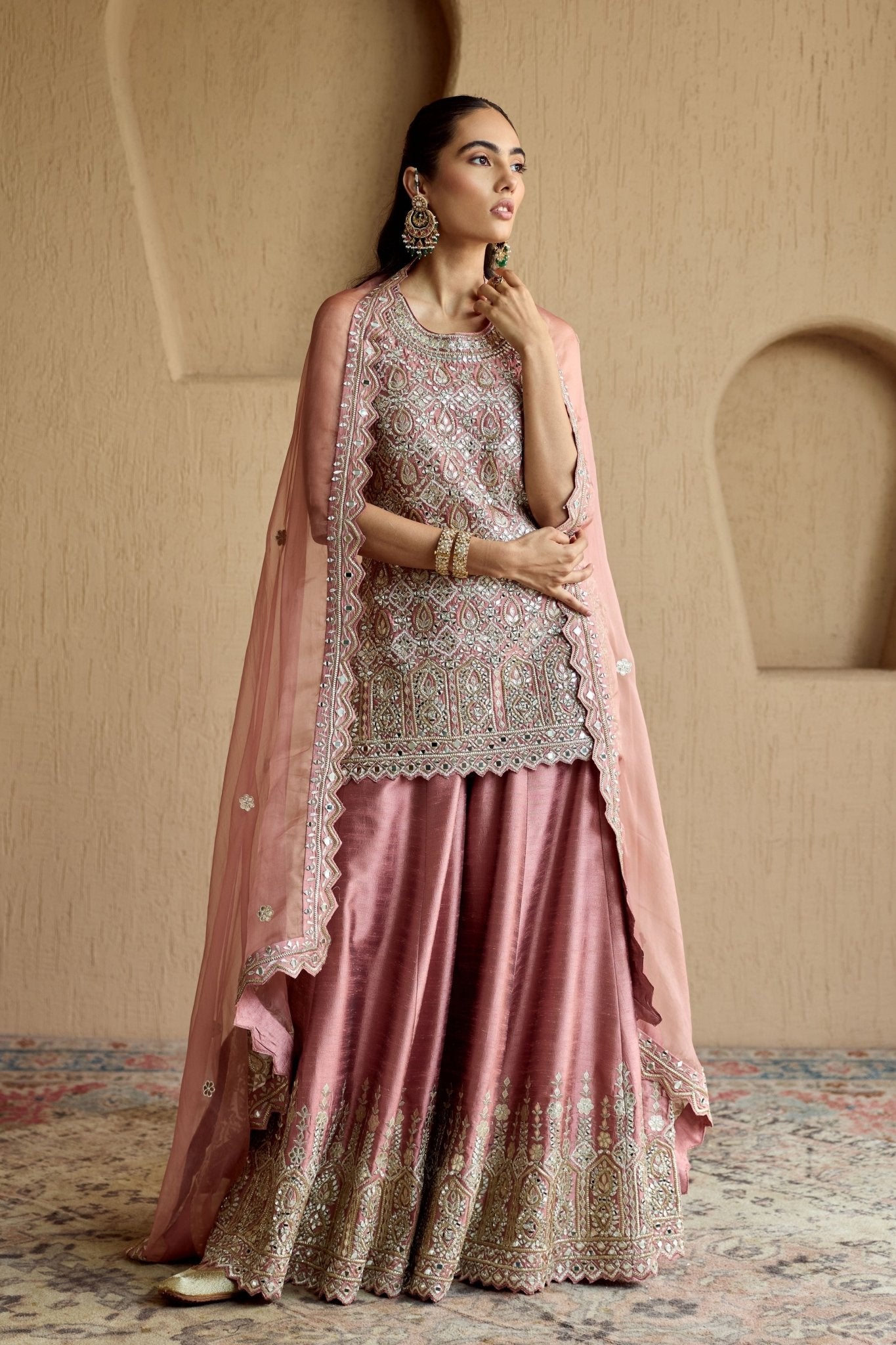 Pink Silk Kurta Sharara Set - Suhino - Elahe