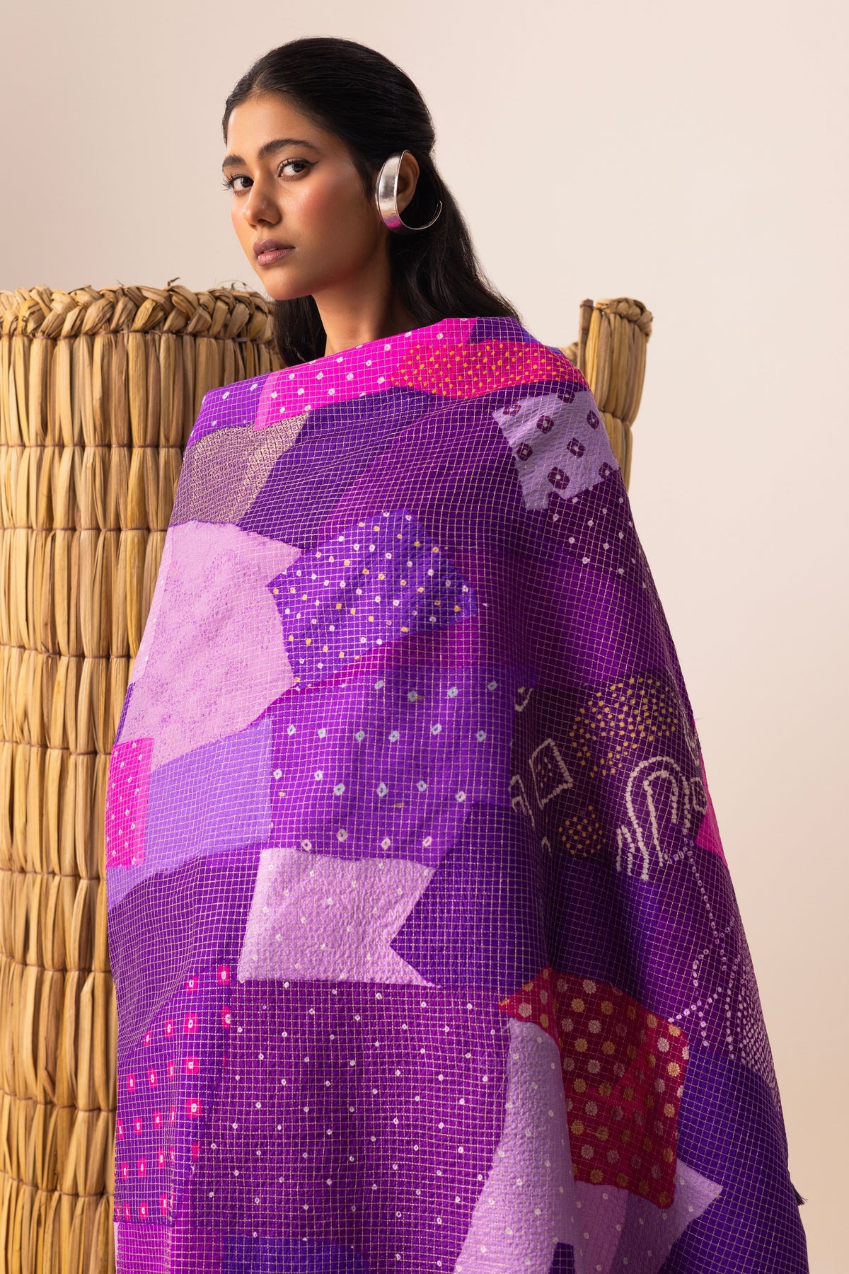 Purple Multi Bandhani Patchwork Saree set