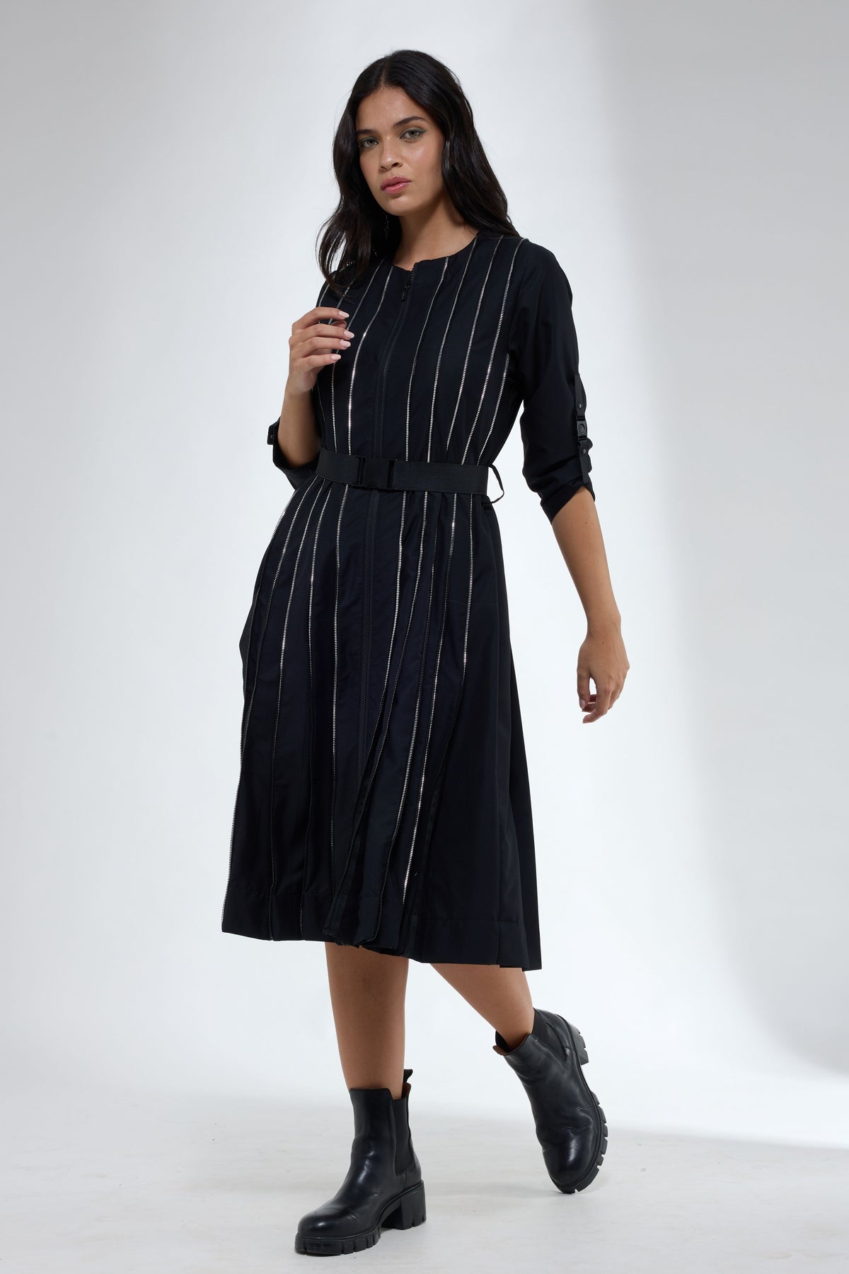 Mid Calf Pleated Black Dress