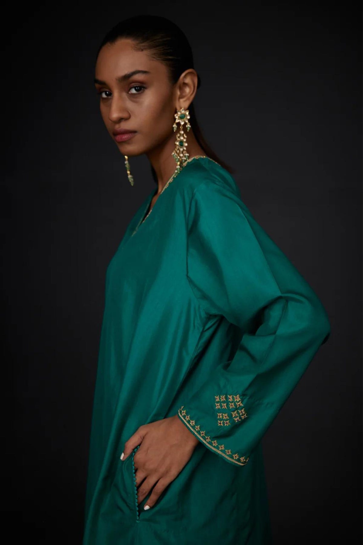 Green Embroidered Tunic Set