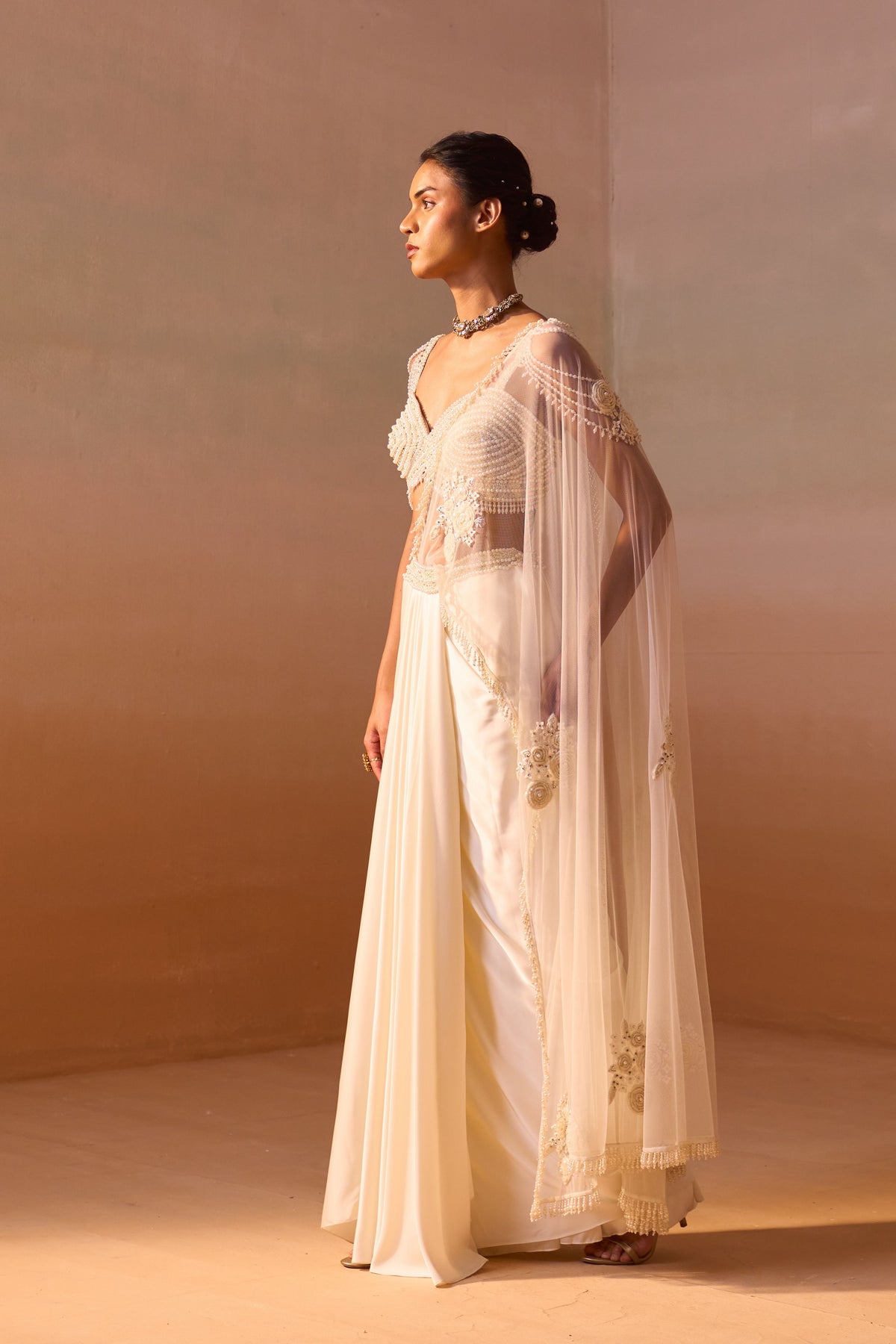 Ivory Pearl Worked Draped Saree
