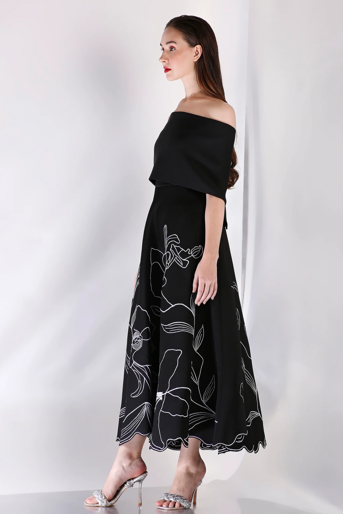 Black Embroidered Wave Wrap Dress