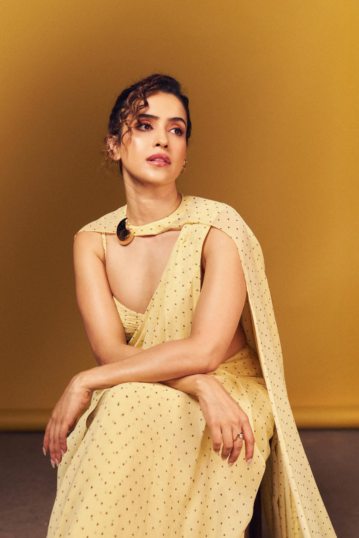 Sanya Malhotra in Butter Yellow Polka Dotted Saree