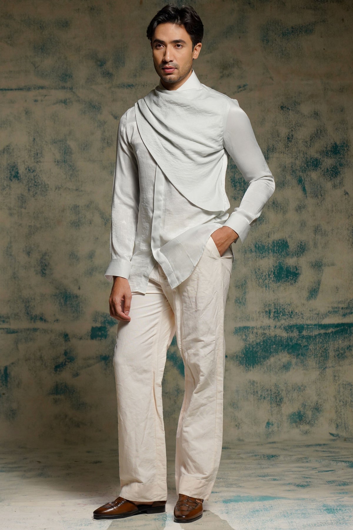 Silver Sandwash Drape Shirt Set