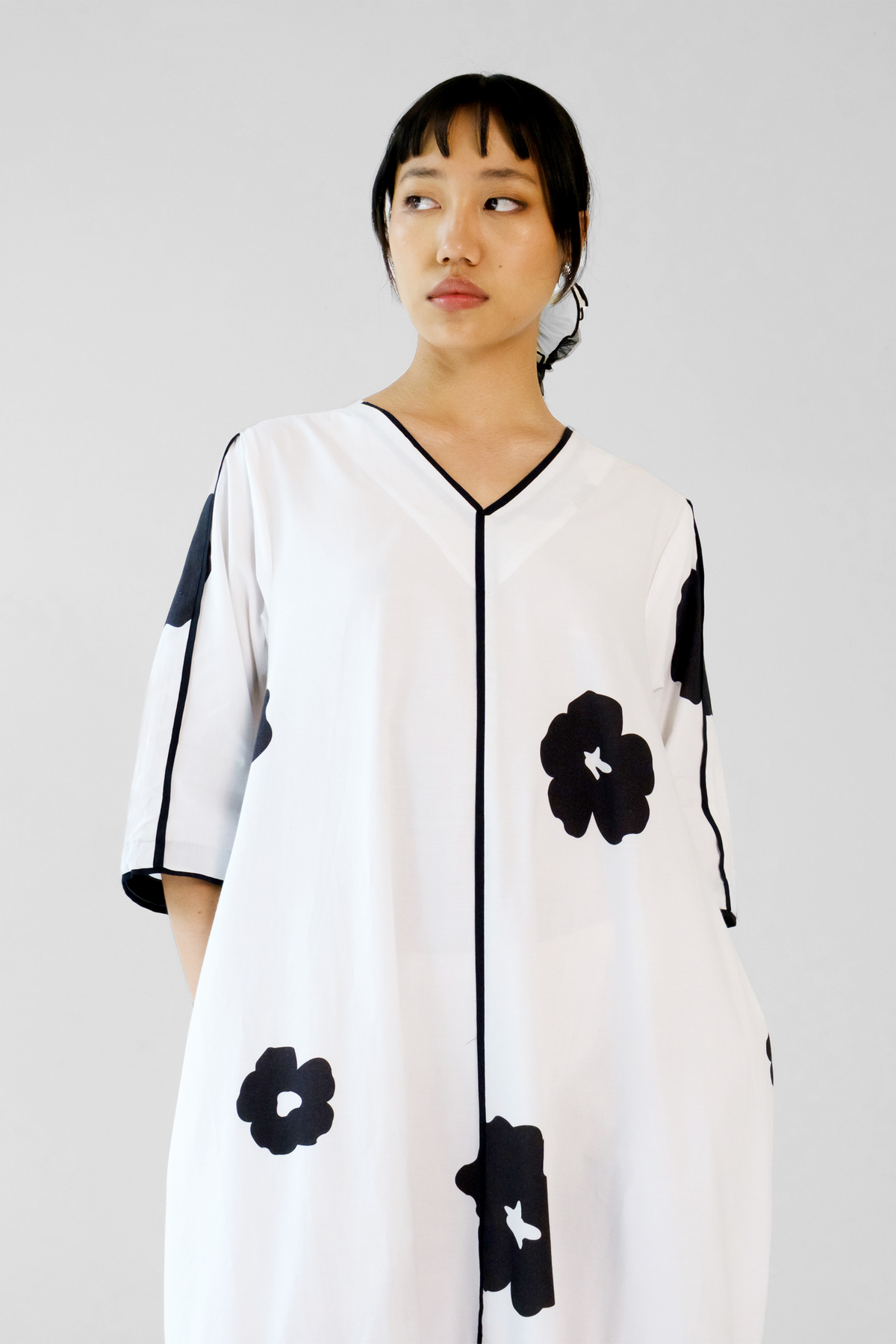 White Black Poppy Applique Dress