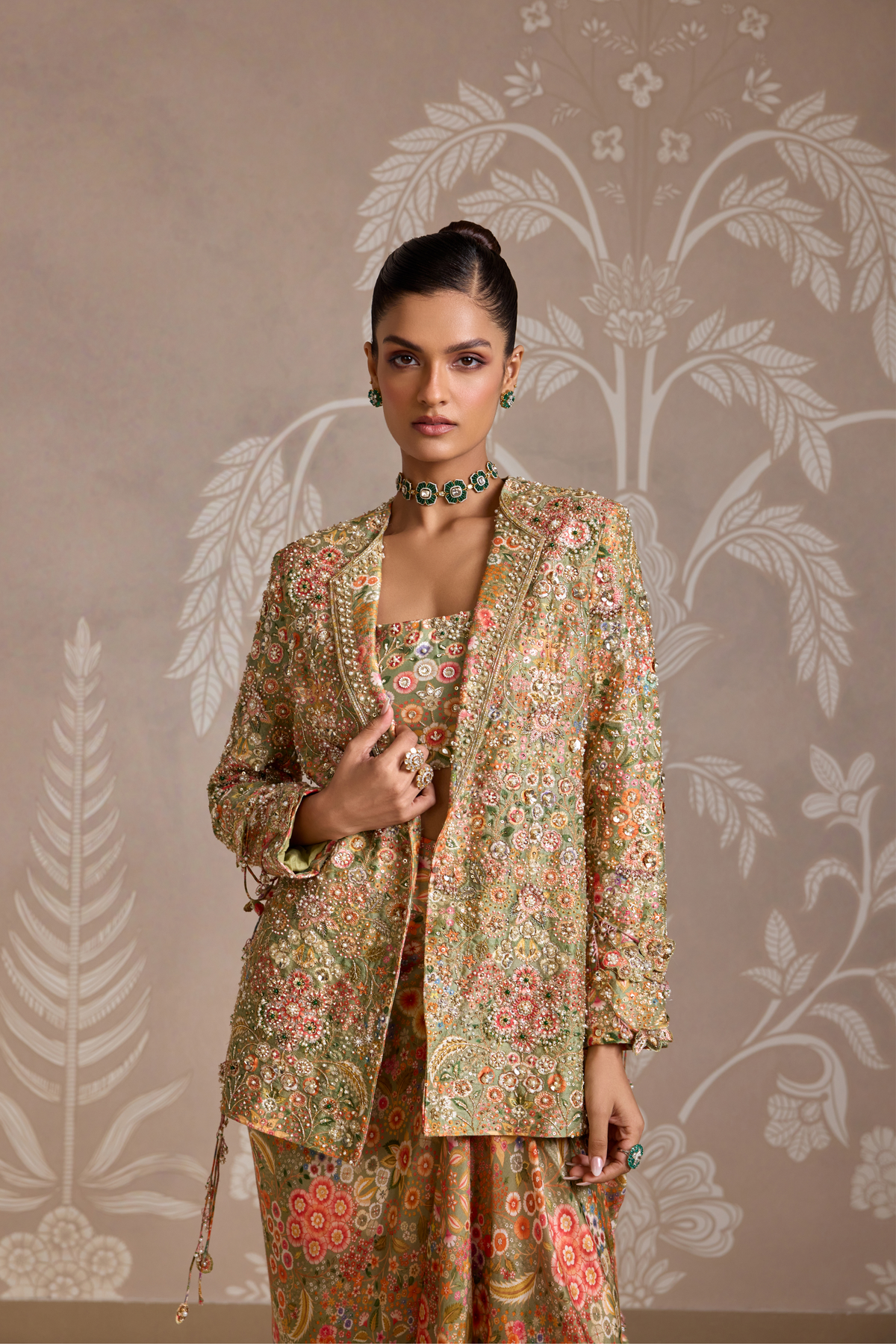 Olive Green Print Jacket Set